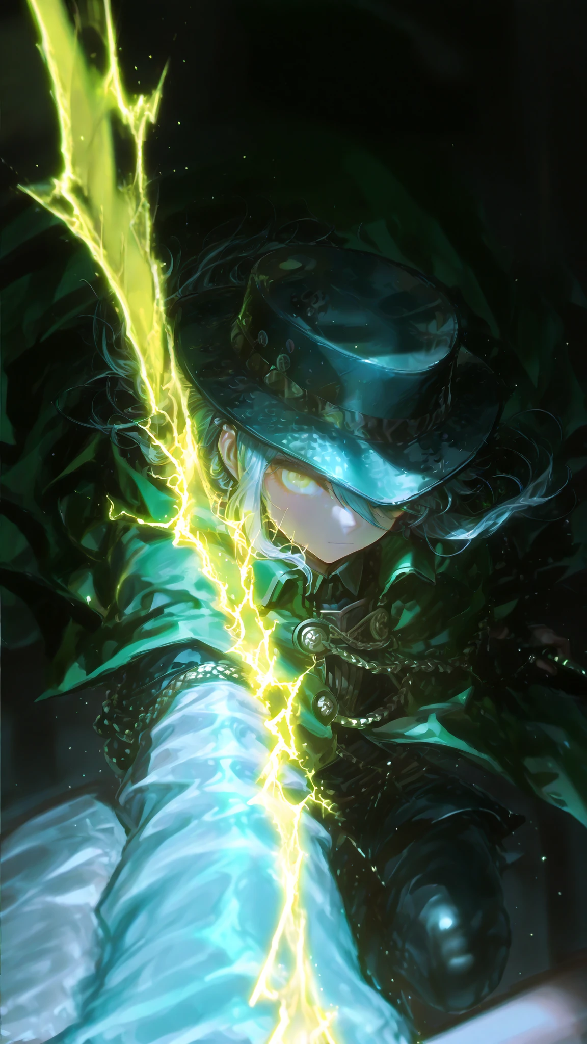 illustration style、1boy、FGO、Fate/Grand Order、Prince Grotto、Edmond Dantes、Edmond Dantes、and、revenge、Komatsuzaki Rui Illustration、pure white skin、ultra high res、Highest Quality、masterpiece、very detailed、super detailed skin、Detailed, Beautiful Eyes、zitoida、Green Cloak、hat、Perm、Light trail、Black Lightning、Trails of Black Lightning、