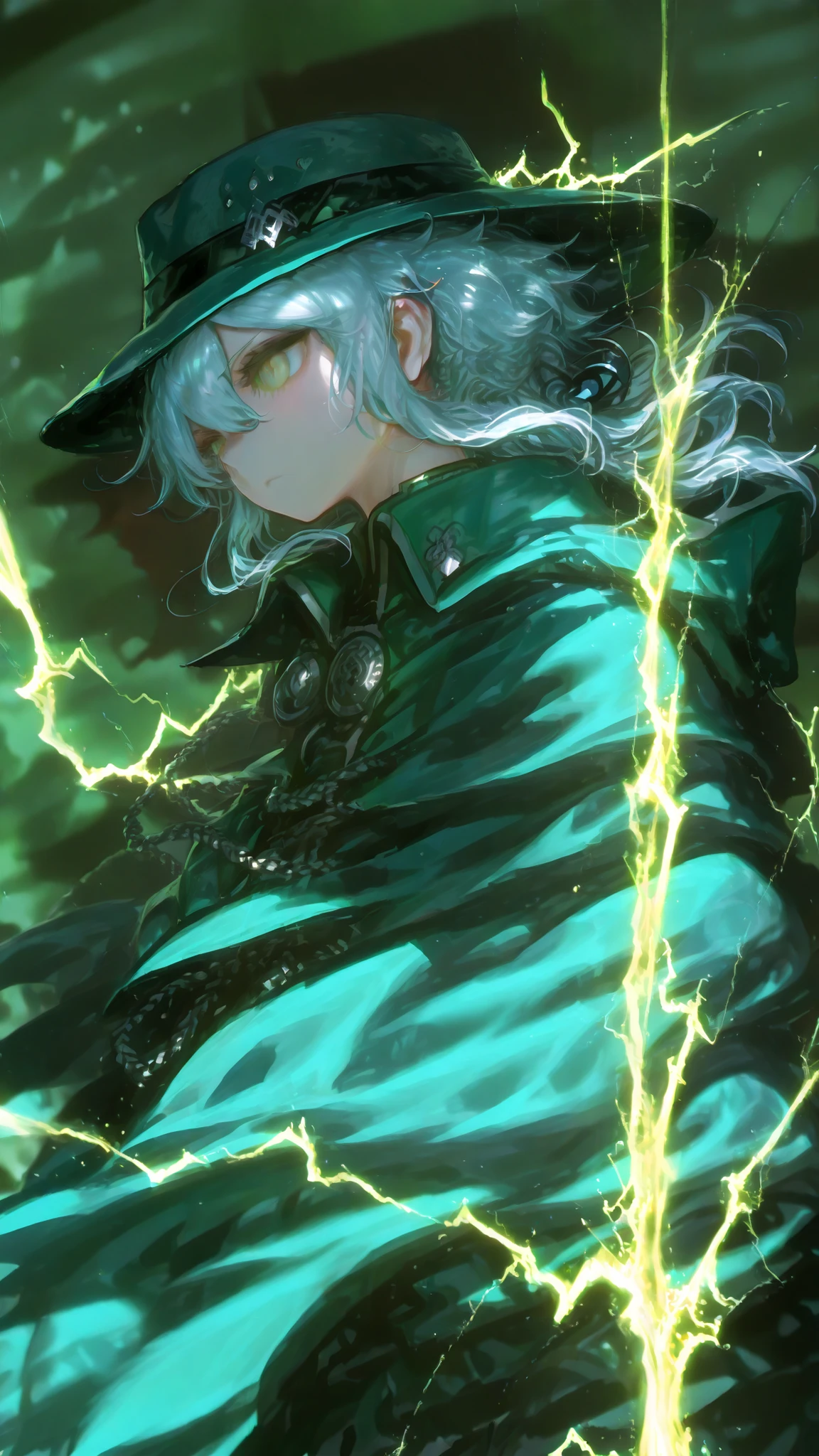 illustration style、1boy、FGO、Fate/Grand Order、Prince Grotto、Edmond Dantes、Edmond Dantes、and、revenge、Komatsuzaki Rui Illustration、pure white skin、ultra high res、Highest Quality、masterpiece、very detailed、super detailed skin、Detailed, Beautiful Eyes、zitoida、Green Cloak、hat、Perm、Light trail、Black Lightning、Trails of Black Lightning、
