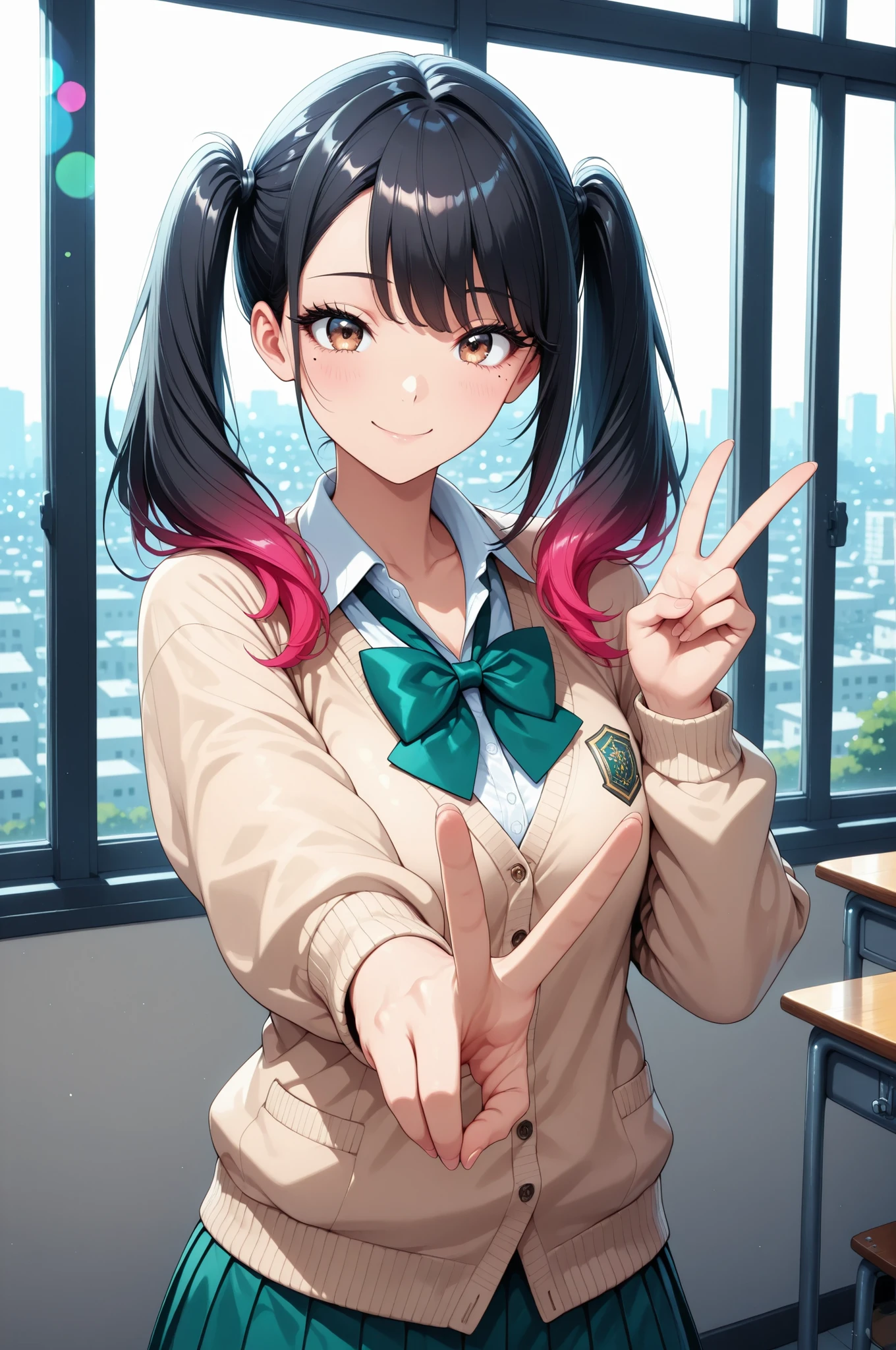 beautiful girl、MINIMAL BODY、face focus, small tits,  (gyaru v ), ((Urban area, window:1.2, 4 fingers)), High Quality,anime style, 4K, HDR, studio lighting hanging from a pile, Superb Detailed Description, vibrant colors, bokeh effect, Portrait, delicate touch, Soulful, elegant atmosphere, delicate emotional expression, Minami Yoshikawa, black hair with pink inner color hair, twin tails, asymmetrical hair, brown eyes, mole under the eye, slight build, beautiful shining eyes, Glossy Lips, very detailed eyes and face, long eyelashes, (school uniform, shirt, bright green bow tie , beige cardigan, green pleated skirt), 
