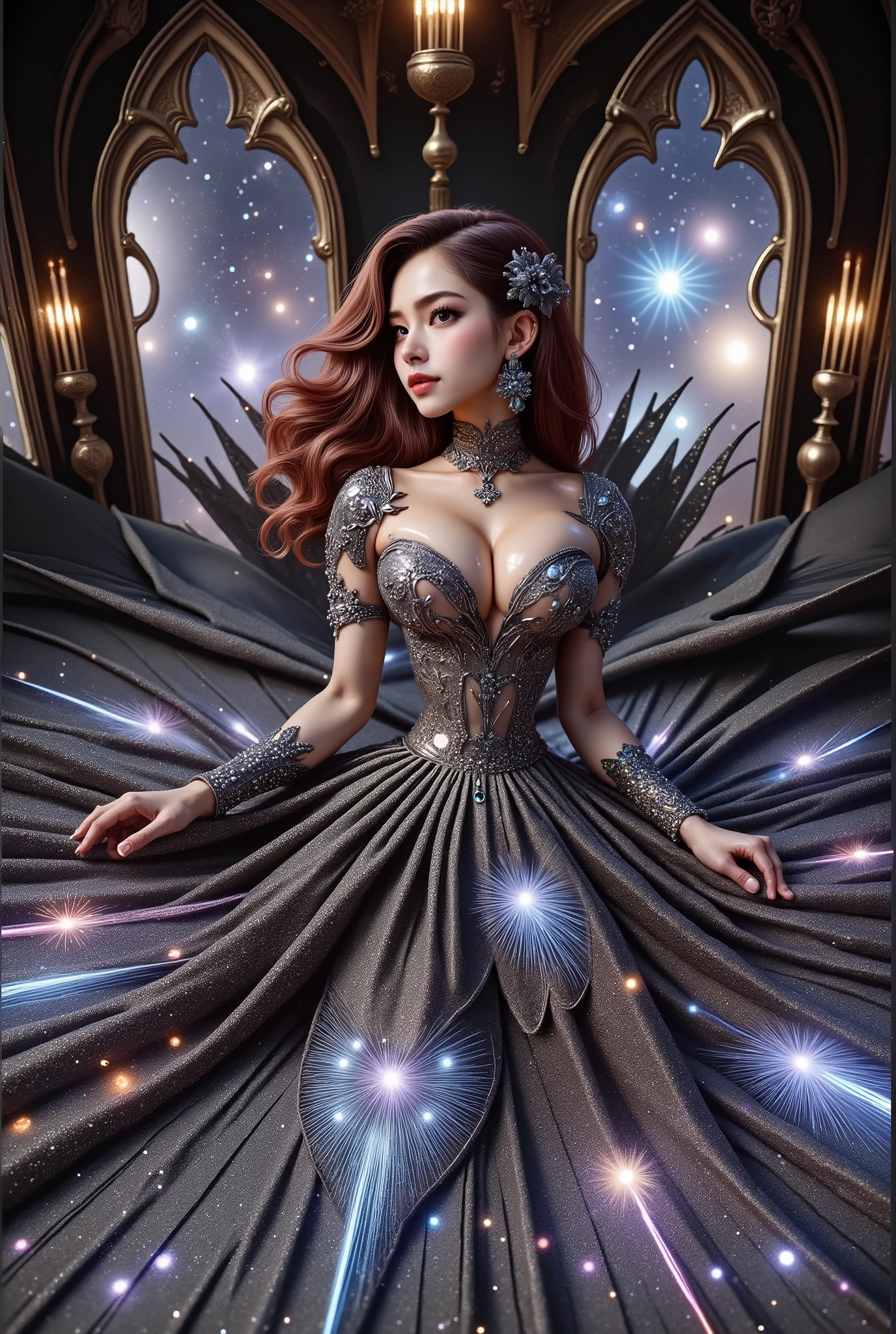 A beautiful Asian idol girl with white skin, douyin-style makeup face, eyelashes, With fake giant breasts, blue eyes, shiny body, wet body, wearing a tight strapless dress that presses the breasts, with a sexy and slim body, a small waist, Shiny clothing, metalic stell clothing, sitting in space, UHD, luxurious dress, a dress decorated with pearls, diamonds, jewels, and flowers, a dress emitting light, the most elegant and extraordinary dress, a fantasy dress, a beautiful digital artwork, a beautiful fantasy empress, wearing a strapless dress made of beads and carbon fiber, a photo with very sharp details, the best quality: 1.2),, (8k, high resolution, RAW photo, realistic, photo-realistic: 1.3), (detailed skin texture, detailed fabric texture, detailed element texture, exquisite detailed face: 1.25), professional lighting, photon mapping, beautiful soft light, radiosity, physically based rendering, raytracing, model shooting style, model shooting style, (highly detailed 8k unity CG Wallpaper), the most beautiful artwork in the world. (Body Navel) (chest push up) (nipple).