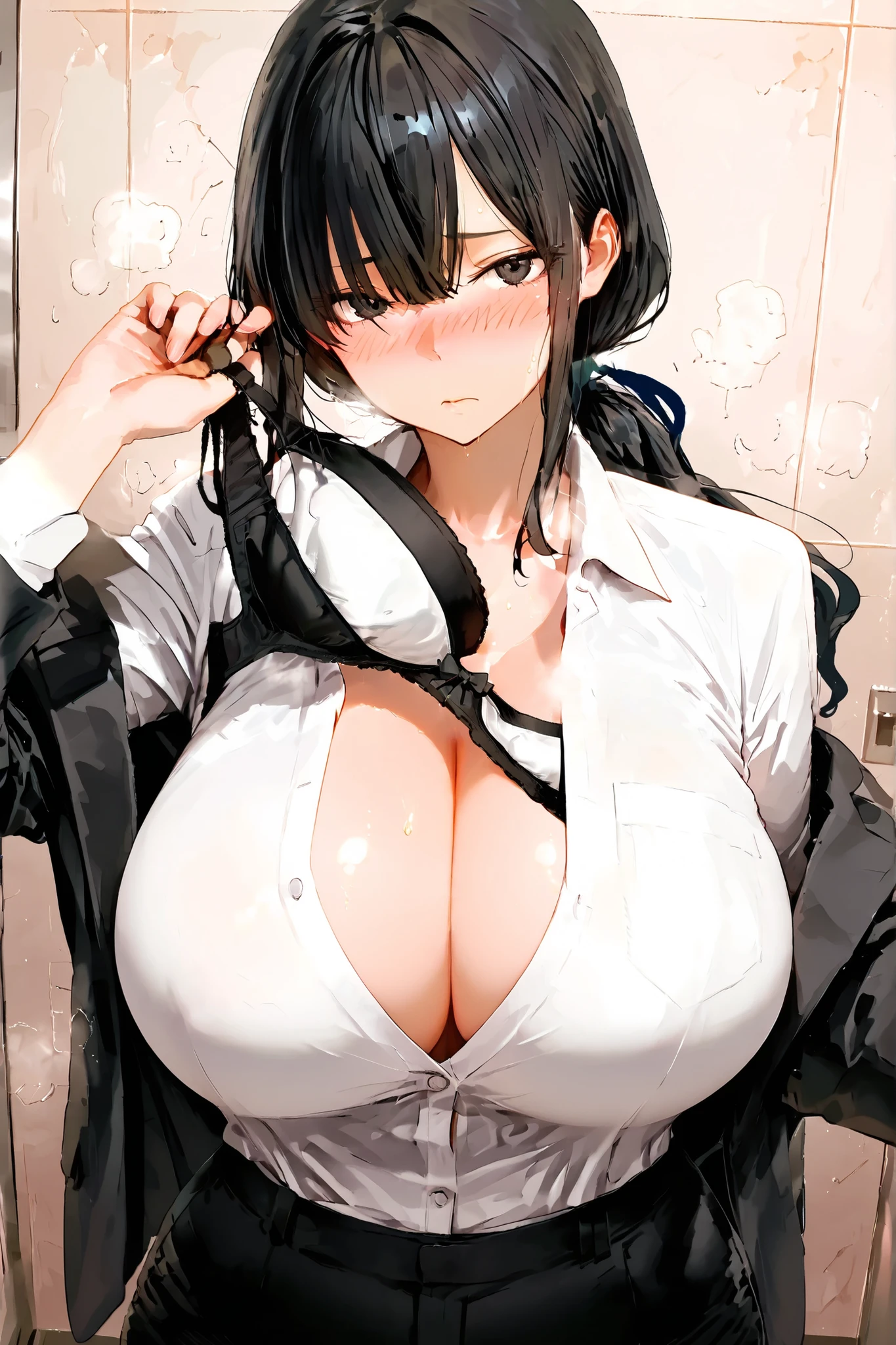 absurdres, masterpiece, best quality, very aesthetic,anime coloring
((solo))
1girl\(female,K977,low ponytail,white blouse,black hair,black suit,black slacks,black pants)\
Taking_off_brav1,
breasts,underwear,bow bra,
taking off bra,removing bra, pulling off bra,cleavage,look at viewer
Steam, nose blush
(upper body:1.4),from above