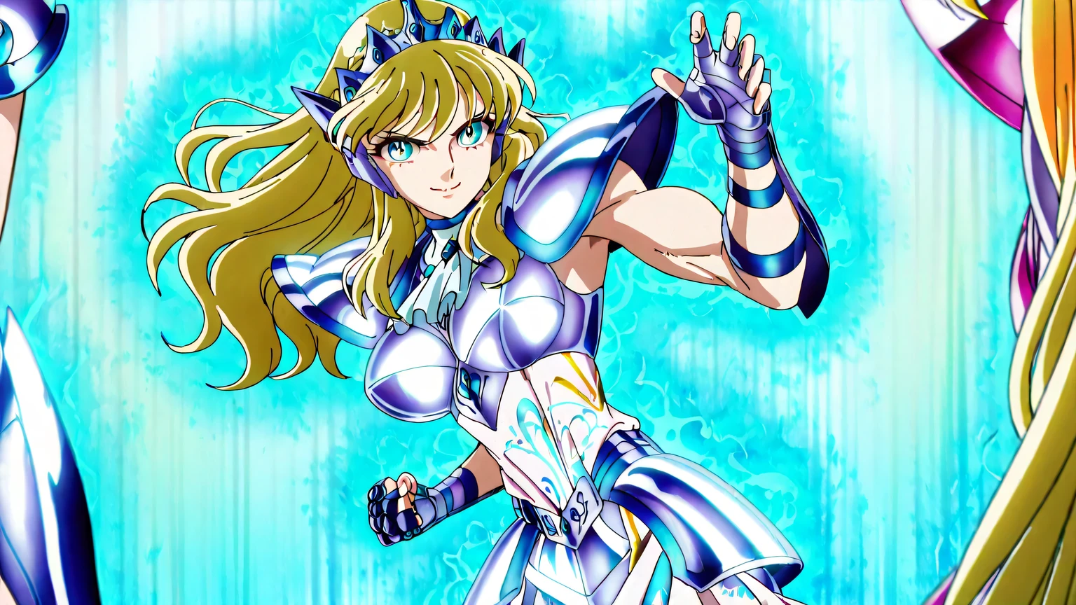 score 9 , score 8 up, score 7 up, source anime, 傑作, best quality, best resolution, best imagequality, anime coloring, anime screenshot, 1girl, mii, girl is wearing a white leotard outfit, zodiac girl knight, 14 years old, Portrait of a Zodiac girl Knight, long hair, blonde hair, blue eyes, french braid, crown braid, toned body, muscular girl, biceps, triceps, deltoids, shining sapphire armor, Enchanting princess knight, Clad in light armor, leotard armor girl, under leotard with an white, leotard under armor, high leg cut, big breasts, large breasts, bare crotch, bare thighs, large boobs, elegant smile, shiny sapphire armor, shiny sapphire armor, galaxy princess, crystal sapphire armor, shoulder armors, breastplate armor, sapphire princess, princess knight, sapphire Reflective Armor, 王女としての王様賛美歌, armor with an cyrstal sapphire, Digital Comics art, official anime artwork, girl Warrior, Smooth anime CG art, official anime style, best quality anime art style, official anime art style, Delphinus Armor, Delphinus Helmet, gloves, fingerless gloves, cowboy shot, solo focus, looking at viewer, female focus, fighting stance, dynamic pose, blue aura,