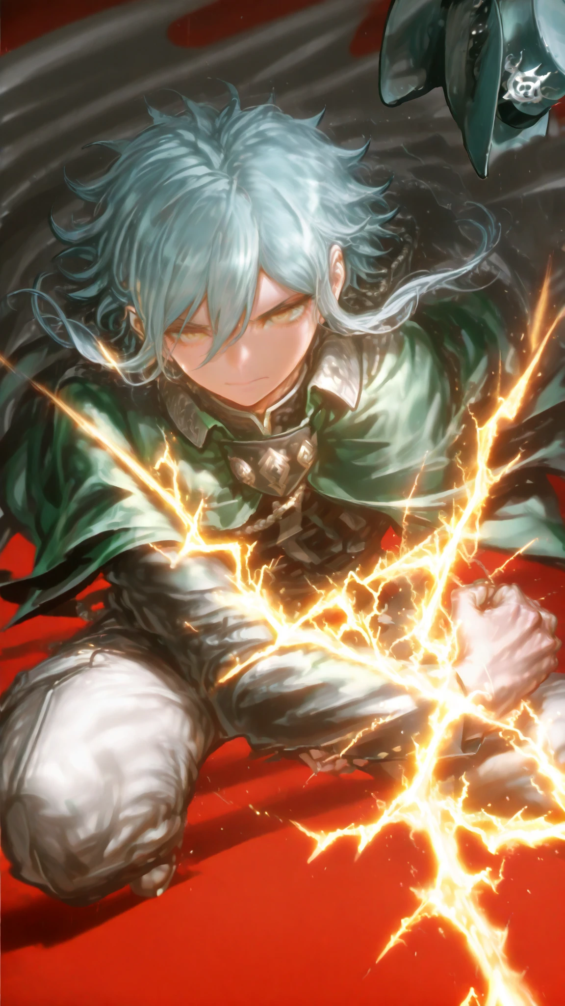 illustration style、1boy、FGO、Fate/Grand Order、Prince Grotto、Edmond Dantes、Edmond Dantes、and、revenge、Komatsuzaki Rui Illustration、pure white skin、ultra high res、Highest Quality、masterpiece、very detailed、super detailed skin、Detailed, Beautiful Eyes、zitoida、Green Cloak、hat、Perm、Light trail、Black Lightning、Trails of Black Lightning、