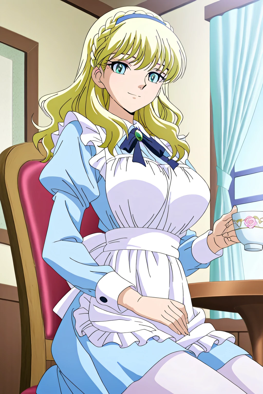 score 9 、score 8 up、score 7 up、source anime、傑作、best quality、best resolution、best image quality、anime coloring、1girl、mii、anime girl with a cup of black tea and a cake、solo、変化 in dress、( maid ) girl、portrait of change ta、blonde hair、long hair、blue eyes、french braid、crown braid、blue hairband、classic girl、Girl Romance、beautiful anime Girl sitting on chair、Colored Sketches Anime Manga Panels、2000s anime art style、big breasts、large breasts、large boobs、blue maid uniform、white pantyhose、変化、elegant atmosphere、slender body、screen cap、long sleeves、official anime art style、made by bow water art style、anime girl in a maid outfit、Enchanting anime girl、anime screencap、anime screenshot、looking at viewer、cowboy shot、elegant smile、girl focus、dutch angle、high quality color sketch、アニメ萌えアートスタイル 、厳かな服装を着て、(anime girl)、portrait of a beautiful animationh、an anime girl、elegant anime girl、beautiful anime girl、created by Anime Painter Studio、アニメチンコ!!!!、painted in the anime artist studio、real anime art style、digital anime art!!、　