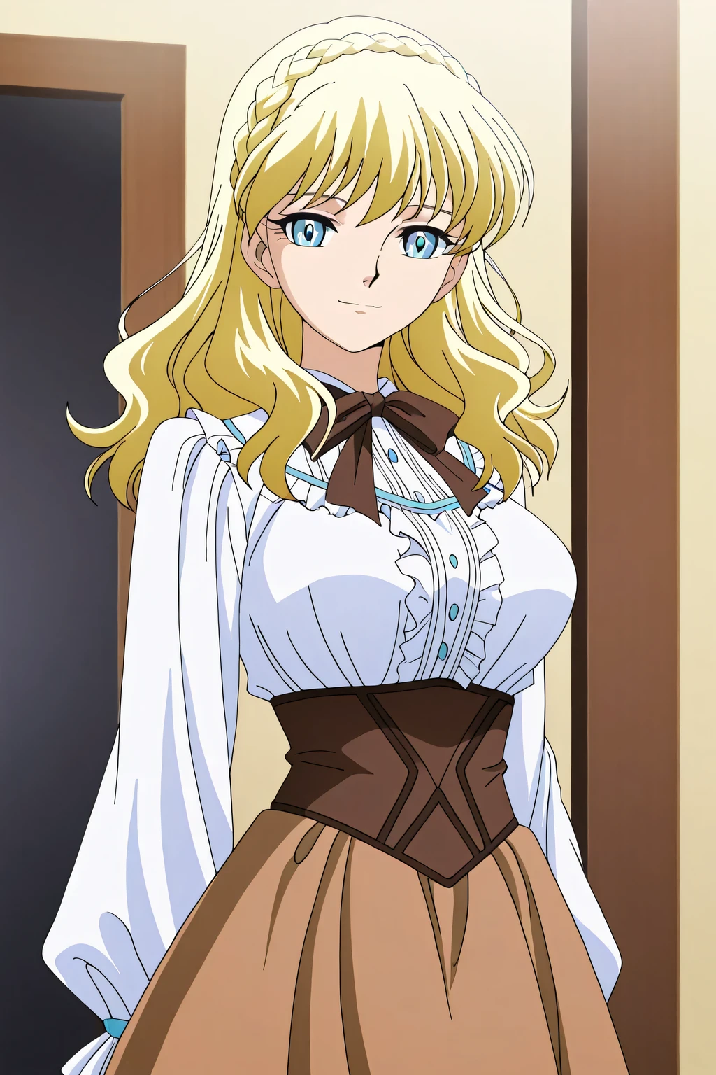 score 9 、score 8 up、score 7 up、source anime、傑作、best quality、best resolution、best image quality、anime coloring、1girl、mii、anime girl with blue eyes and long blonde hair、solo、変化 in frilled blouse、portrait of change ta、blonde hair、long hair、blue eyes、french braid、crown braid、classic girl、Girl Romance、beautiful anime Girl standing、Colored Sketches Anime Manga Panels、2000s anime art style、big breasts、large breasts、large boobs、white frilled blouse、brown corset、brown skirt、change、elegant atmosphere、slender body、screen cap、long sleeves、puffy sleeves、official anime art style、made by bow water art style、Enchanting anime girl、anime screencap、anime screenshot、looking at viewer、cowboy shot、light smile、girl focus、dutch angle、high quality color sketch、アニメ萌えアートスタイル、軽い服装を着て、(anime girl)、portrait of a beautiful animationh、an anime girl、elegant anime girl、beautiful anime girl、created by Anime Painter Studio、アニメチンコ!!!!、painted in the anime artist studio、real anime art style、digital anime art!!、　