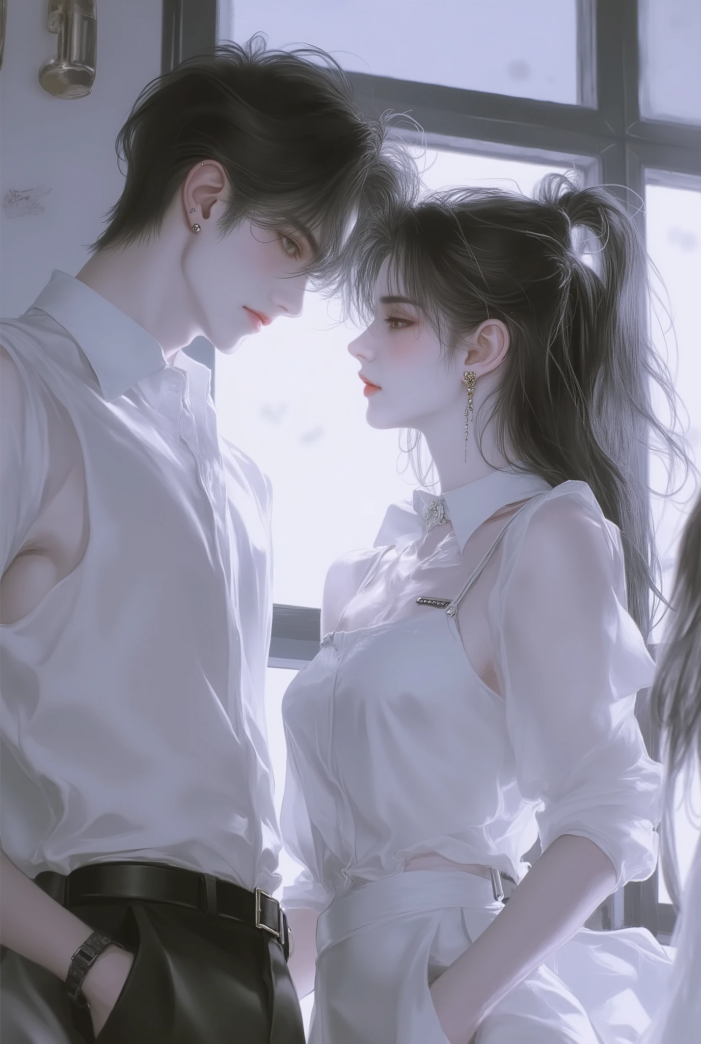 In the classroom， White shirt Uniform, a couple, a fierce boy, a cold and beautiful girl, affectionate eyes, light background 
