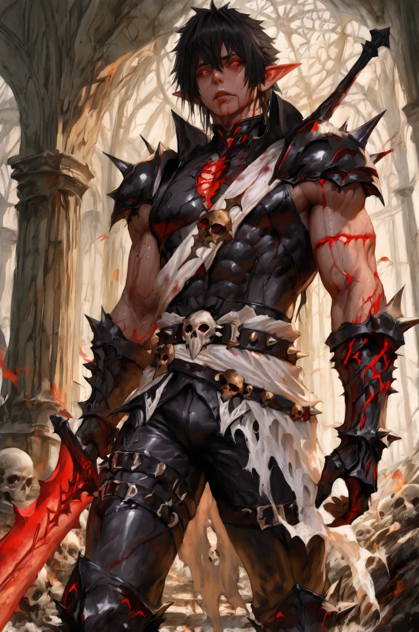 best quality,masterpiece,Ultra-high resolution,1 person,looking at the audience,one,Yamamoto Takashi style,night，simple background,White_background,Machinery Division，Exoskeleton，，Sexy，Handsome，Cold-blooded handsome man，full of masculinity，tough guy style，tattoo，Perfect proportion, anatomically correct, (from head to foot: 2.0), (Full body image: 2.0), alone, extremely stylized, abnormal art, masterpiece, Very detailed, delicate eyes, expressive delicate eyes, Detailed student, Futuristic, ((Wearing a crown)), ((holding scimitar and shield)), (Cybernetic weapons:1.4), big boot, Full body image, full-body shot, tassel, Large beads, (Big tassel), cyberpunk, ink punk, paint tray, Ink splatter, chain mail