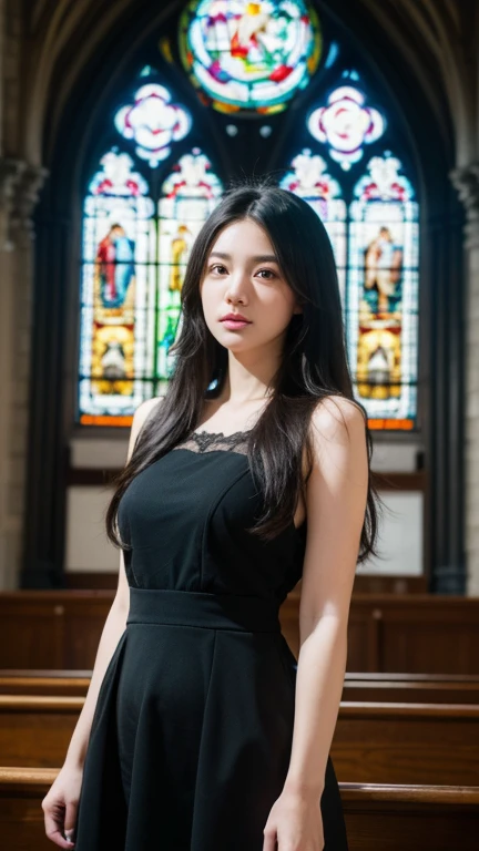 Beautiful dark-haired woman in a white dress in church