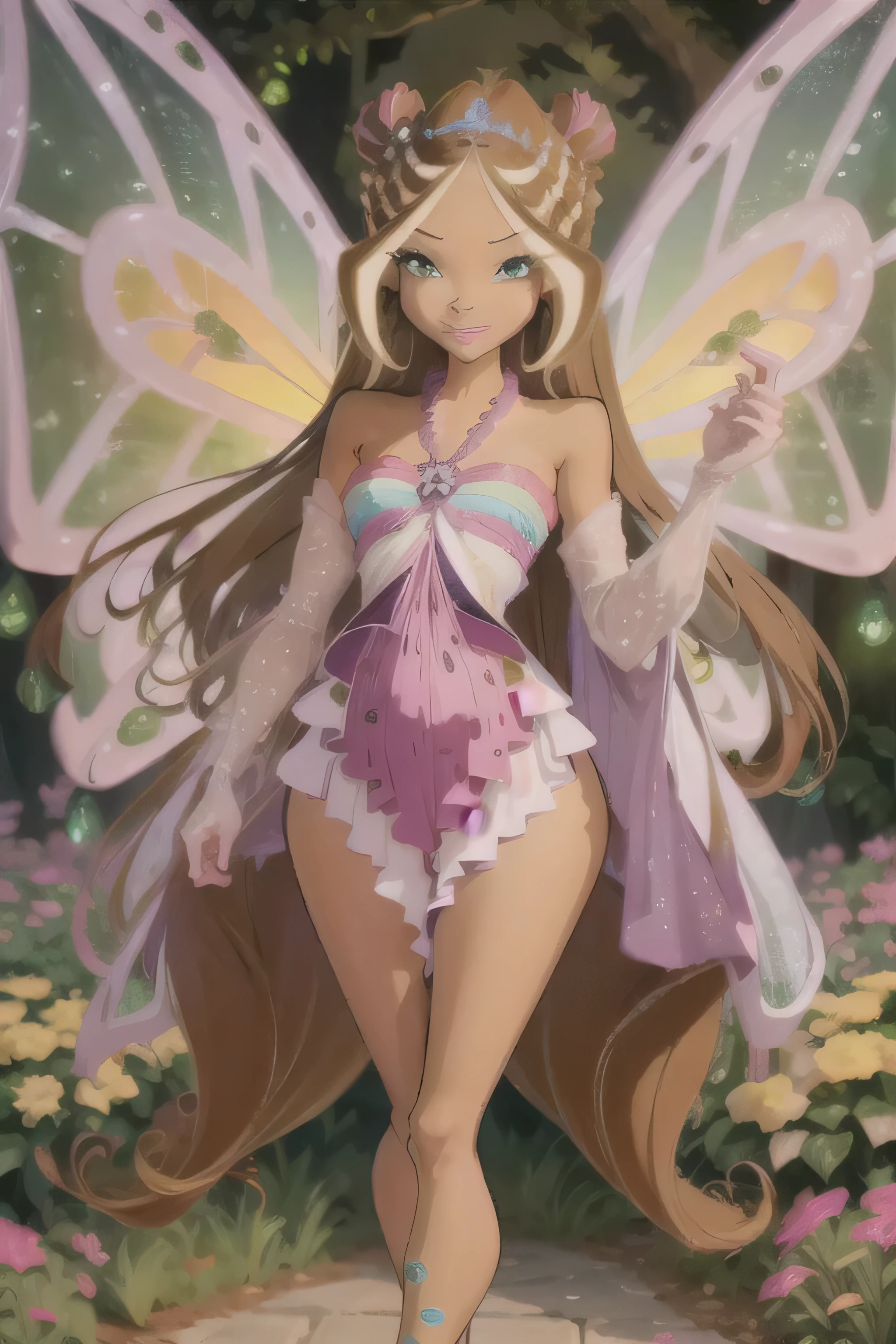 (best quality,masterpiece:1.2),shy smile, fullbody, anime, vivid colors, warm lighting, flowers in background, vibrant garden, touching glower, cute face thick thighs wide hips tiny waist thigh gap perfect face