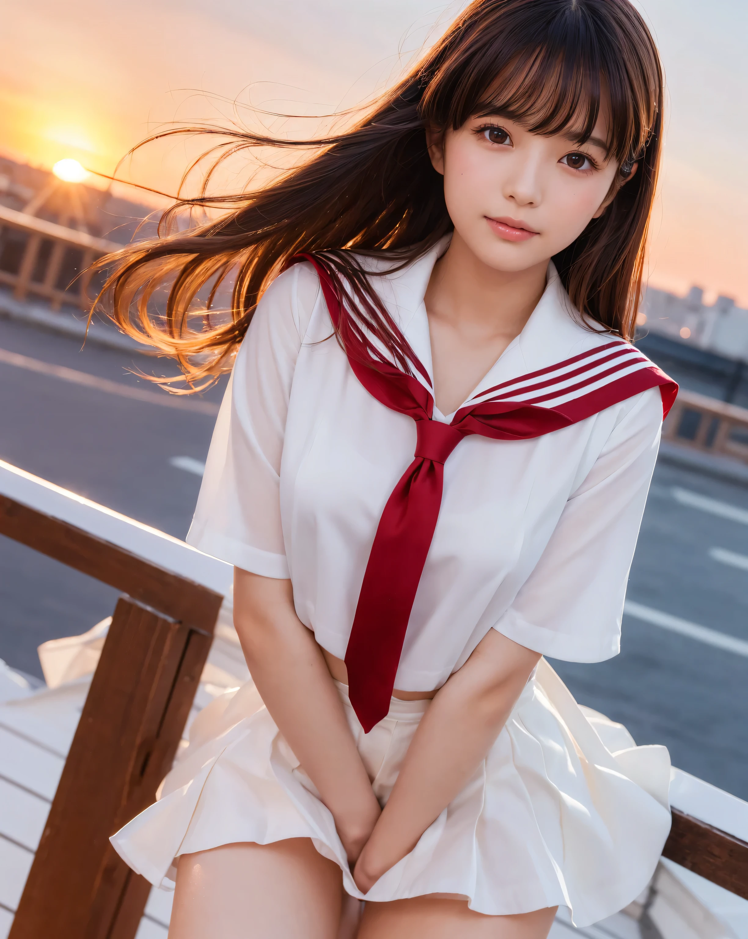 a beautiful detailed portrait of a charming young japanese woman wearing a (sailor uniform) on a dimly lit rooftop, (school rooftop), (intensely red beautiful sunset light), (dazzling sunset light), (on the rooftop, under the beautiful red sunset sky), cowboy shot, (focus on thighs), long hair blowing in the wind, (red ribbon tie), slim waistline, (navy ultra-short pleated miniskirt), glossy lips and a slight smile, large brown double eyelids, slightly round face, small and cute nose, youthful appearance, natural makeup, smooth and glossy skin, asymmetrical long light brown hair bangs, centered composition, 8k resolution, attention to details, detailed hairstyle and facial features, cinematic lighting, octane rendering, ultra-realistic, perfect anatomy, beautiful legs, voluptuous thighs, large bust, skin with glistening sweat traces, relaxed and natural pose , 