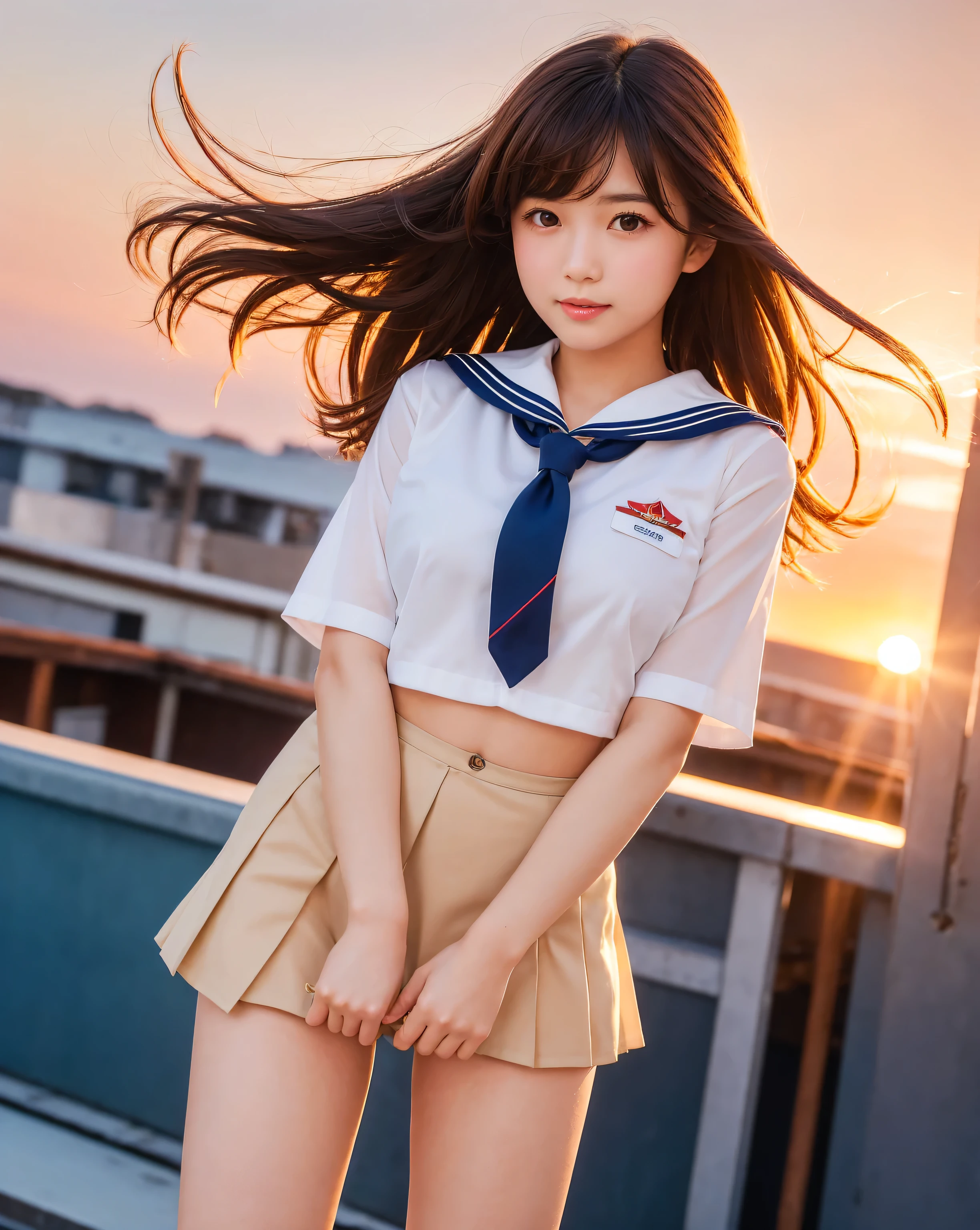 a beautiful detailed portrait of a charming young japanese woman wearing a (sailor uniform) on a dimly lit rooftop, (school rooftop), (intensely red beautiful sunset light), (dazzling sunset light), (on the rooftop, under the beautiful red sunset sky), cowboy shot, (focus on thighs), long hair blowing in the wind, (red ribbon tie), slim waistline, (navy ultra-short pleated miniskirt), glossy lips and a slight smile, large brown double eyelids, slightly round face, small and cute nose, youthful appearance, natural makeup, smooth and glossy skin, asymmetrical long light brown hair bangs, centered composition, 8k resolution, attention to details, detailed hairstyle and facial features, cinematic lighting, octane rendering, ultra-realistic, perfect anatomy, beautiful legs, voluptuous thighs, large bust, skin with glistening sweat traces, relaxed and natural pose , 