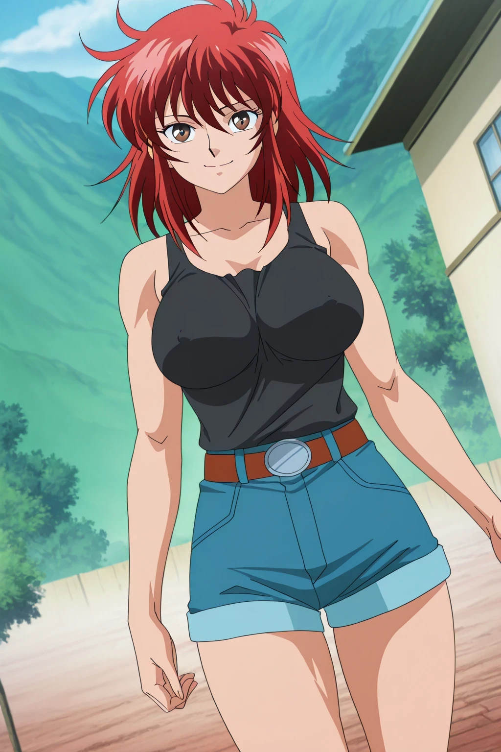 score 9 , score 8 up, score 7 up, source anime, 傑作, best quality, best resolution, best image quality, anime coloring, 1girl, shouko, red haired anime girl, solo, classic girl, Vibrant, girl, created by Anime Painter Studio, handsome, Girl Romance, brave, anime style, messy hair, sidelocks hair, medium hair, Hair between the eyes, red hair, hair floating, A faint smile, bangs, brown eyes, visual Novel, official anime art style, Colored Sketches Anime Manga Panels, handsome atmosphere, muscular girl, 2000s anime art style, collarbone, trapezius, , , large , anime comic, painted in the anime artist studio, アニメ調で, 女性的で筋肉質, screen cap, outfit:pitch black tank top, Lift up to slightly  , girl is wearing a blue denim shorts, belt, アニメ!!!!, portrait of a beautiful animationh, skin tight tank top, deltoids, biceps, triceps, brachioradialis, hamstrings, adductor magnus muscles, painted in the anime artist studio, plain tank top, real anime art style, digital anime artstyle!!, basic tank top,  shoulders,  arms,  legs, made by bow water art style, Enchanting anime girl, anime screencap, anime screenshot, looking at viewer, cowboy shot, girl focus, dutch angle, standing, outdoors, tomboy atmosphere, a manly girl, boyish atmosphere,