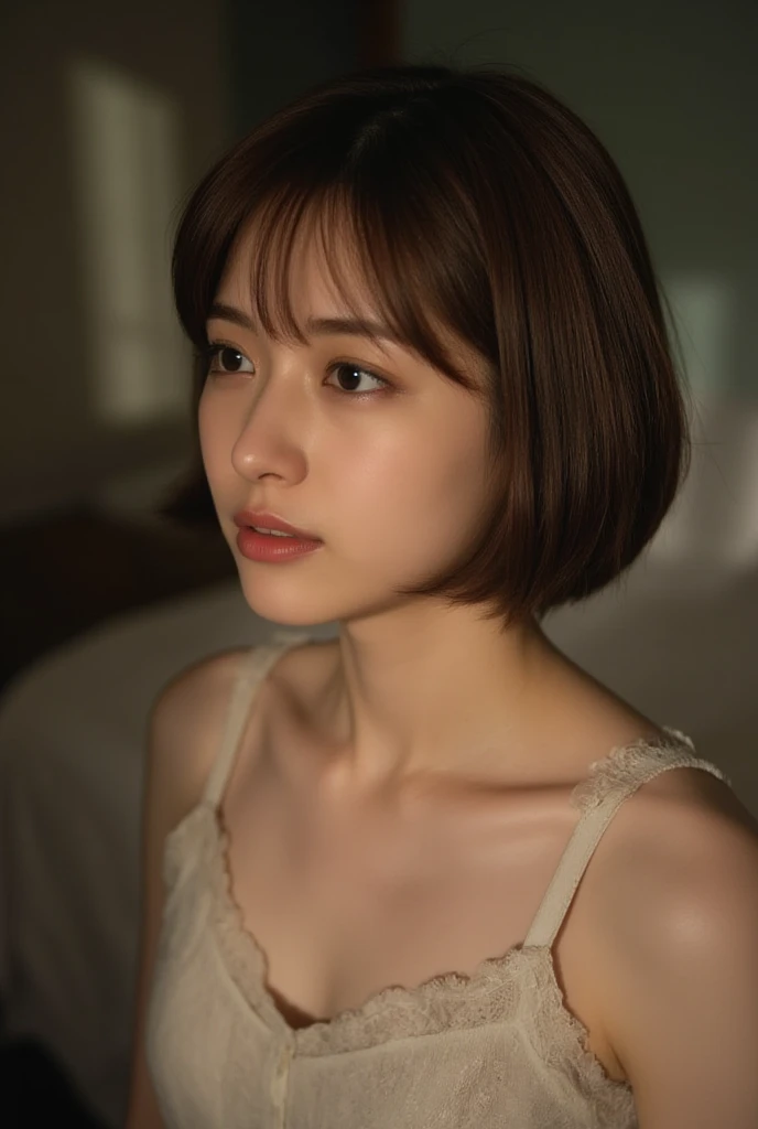 There is a woman with short hair and a white dress, soft portrait shot 8k, with short hair, beautiful young korean woman, gorgeous young korean woman, beautiful soft lighting, beautiful korean woman, anime. soft lighting, beautiful portrait images, Soft light for medium portrait, soft light from the side, 8K Art Germ Bokeh, portrait shot 8k