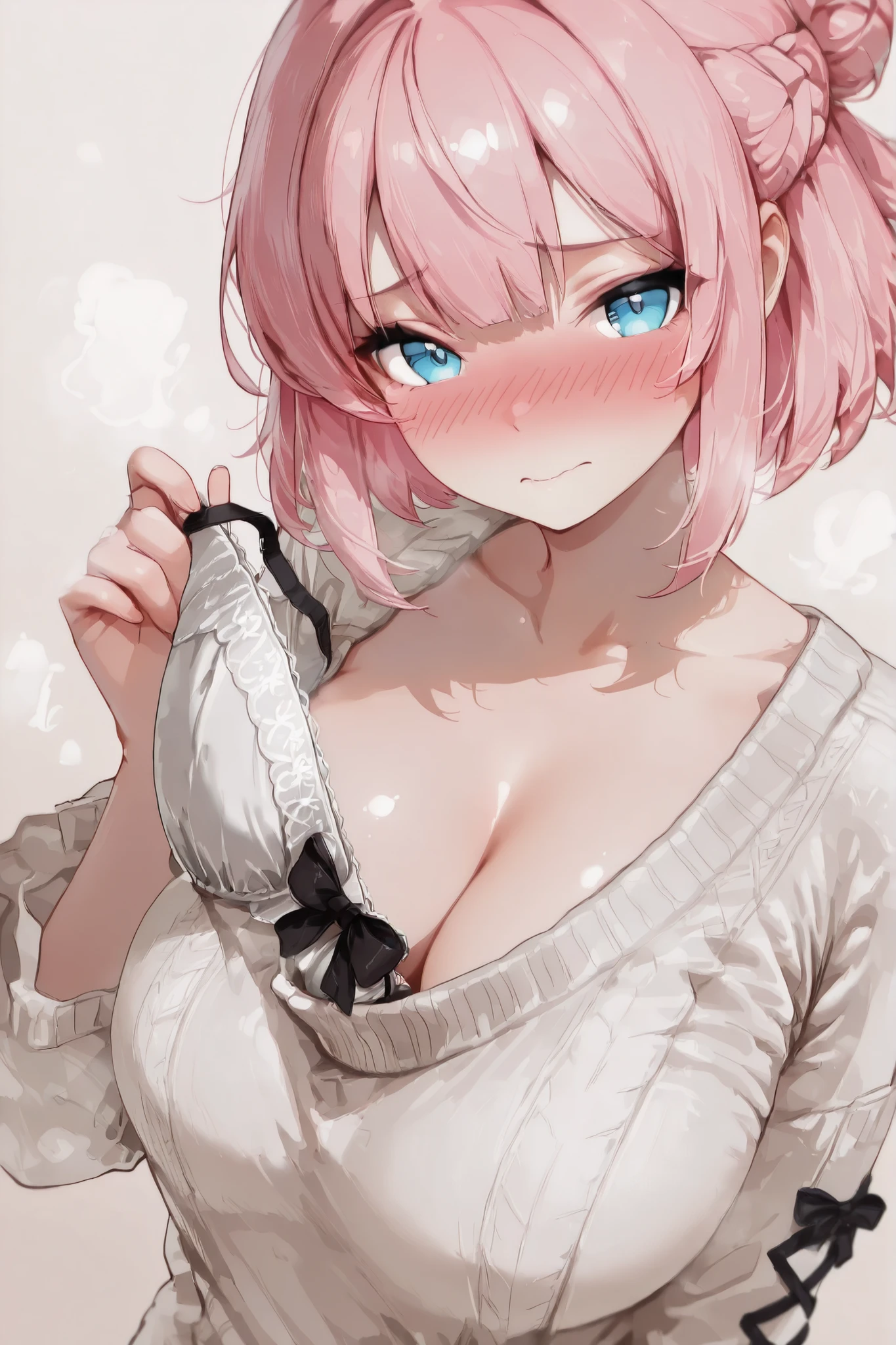 absurdres, masterpiece, best quality, very aesthetic
((solo))
1girl\(female,l0zy,l0zy_outfit,nose blush)\
Taking_off_brav1, breasts,underwear,bow bra, taking off bra,removing bra, pulling off bra,cleavage,look at viewer Steam, nose blush (upper body:1.4),from above