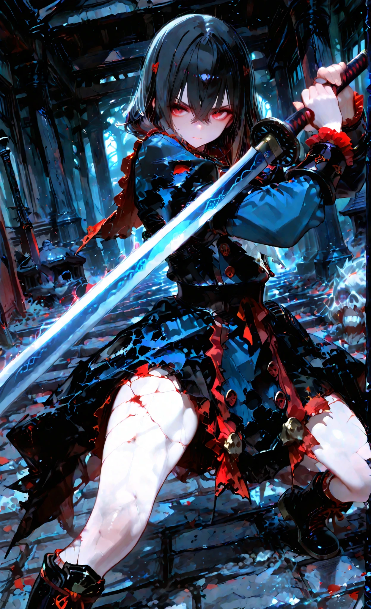 high quality, Ultra Hi-Res, masterpiece, Super Detailed,8k, fine-grained, long disheveled hair Survivor of a slender high school girl in a ponytail {x} anime illustration of a cute high school girl in a slightly torn and bloody uniform, Fighting posture with a samurai sword, standing in an abandoned schoolyard, 3/4 Perspectives