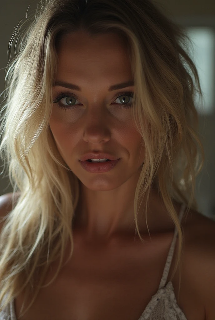 a close up of a woman in a sheer top and stockings, a screenshot by Adam Rex, tumblr, tachisme, very sexy outfit, sexy outfit, revealing outfit, sexy look, revealing clothes, sexy body, crawling , sexy hot body, touching her clothes, sexy look at the camera, intriguing outfit, , shy girl, hair covering her eyes, side view, viewed from the side, hands shackled above her head, long shot, long body shot, full length picture, Louboutin, perfect bottom, heels, high heels, hands bound above her head, hands tied together, bashful pose, hands on her head, hands in her hair, candid pose, candid picture, faint smile, looking towards the floor, head bent forward, looking away from camera, portrait, very sexy pose, ready to be , inviting pose, inviting for ,  pose, very attractive, breathless pose, sexy face, dreamy scene, firmly holding her breasts, hands on her breasts, pushing her breasts together, backlighted, back lit, curvy accentuated booty, cleavage enhancing breasts, very large breasts, deep cleavage, flirty pose, sensual pose,  pose, confrontation pose, (messy bob hairstyle, white blond hair color), messy hairstyle, messy bob, messy hairstyle, white blond, 5 foot 3 inches tall, 110 pounds in weight, 34G breasts, large firm round breasts, very large breasts, cleavage, photorealistic, 4K, 8K, UHD