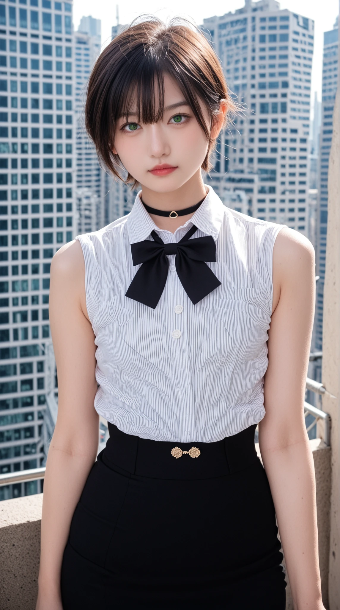 (8k、RAW Photography、top-quality、​masterpiece:1.2)、(realisitic、Photorealsitic:1.37)、ultra-detailliert、
1 girl in、２０age、cute little、独奏、Beautiful detailed sky、Detailed Cafe、natta、sitting on、date、(a smile:1.1)、(Mouth closed)、large full breasts、seducting smile、profetional lighting、Sony A7R4、Zessie 50mm f1.8、
medium breasts⁩、Beautiful Detail Eye、(shirt with collar:1.1)、a bow tie、 pleated skirt made of vinyl、(short-hair:1.2)、Floating Hair、 shirt made of vinyl