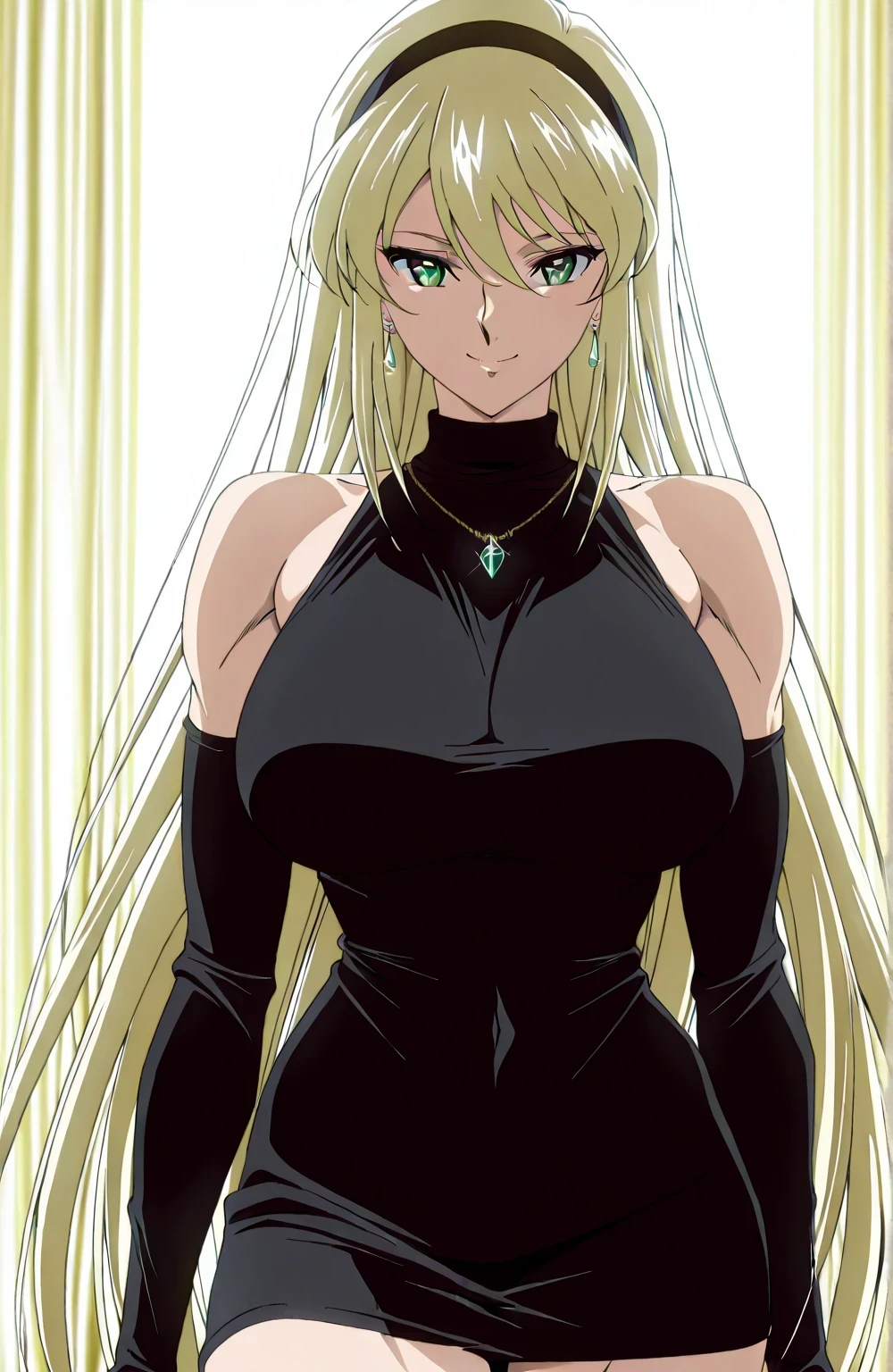 score 9 、score 8 up、score 7 up、source anime、傑作、best quality、best resolution、best image quality、anime coloring、1woman、katya、cool beauty、long hair anime woman is wearing a black sweater dress、solo、portrait of a beautiful anime style、beautiful anime woman、official anime style、portrait of a anime woman、elegant anime woman、elegance anime woman、huge breasts、very large breasts、covered biceps、covered biceps long head、covered biceps short head、covered triceps、covered triceps medial head、covered triceps lateral head、covered triceps longhead、covered brachioradialis、covered deltoids、covered anterior deltoids、covered middle deltoids、covered posterior deltoids、thigh muscles、semitendinosus muscles、hamstrings、adductor magnus muscles、long sleeves、(blonde hair:1.5)、Hair between the eyes、睫毛、very long hair、green eyes、jewelry necklace、jewelry earrings、black hairband、anime woman is wearing a black sweater dress、portrait of a anime woman、elegant atmosphere、elegance atmosphere、outfit:black sweater dress、anime female character、cool anime woman、very tall woman、basic sweater dress、sweater dress with an black、toned body、sweater dress sleeve with an long sleeve、cool smile、attractive anime woman、portrait of a anime woman、portrait of a detailed anime woman、anime screencap、anime screenshot、portrait of a anime woman、portrait of a anime woman、王女としての王様賛美歌、looking at viewer、cowboy shot、female focus、indoor、