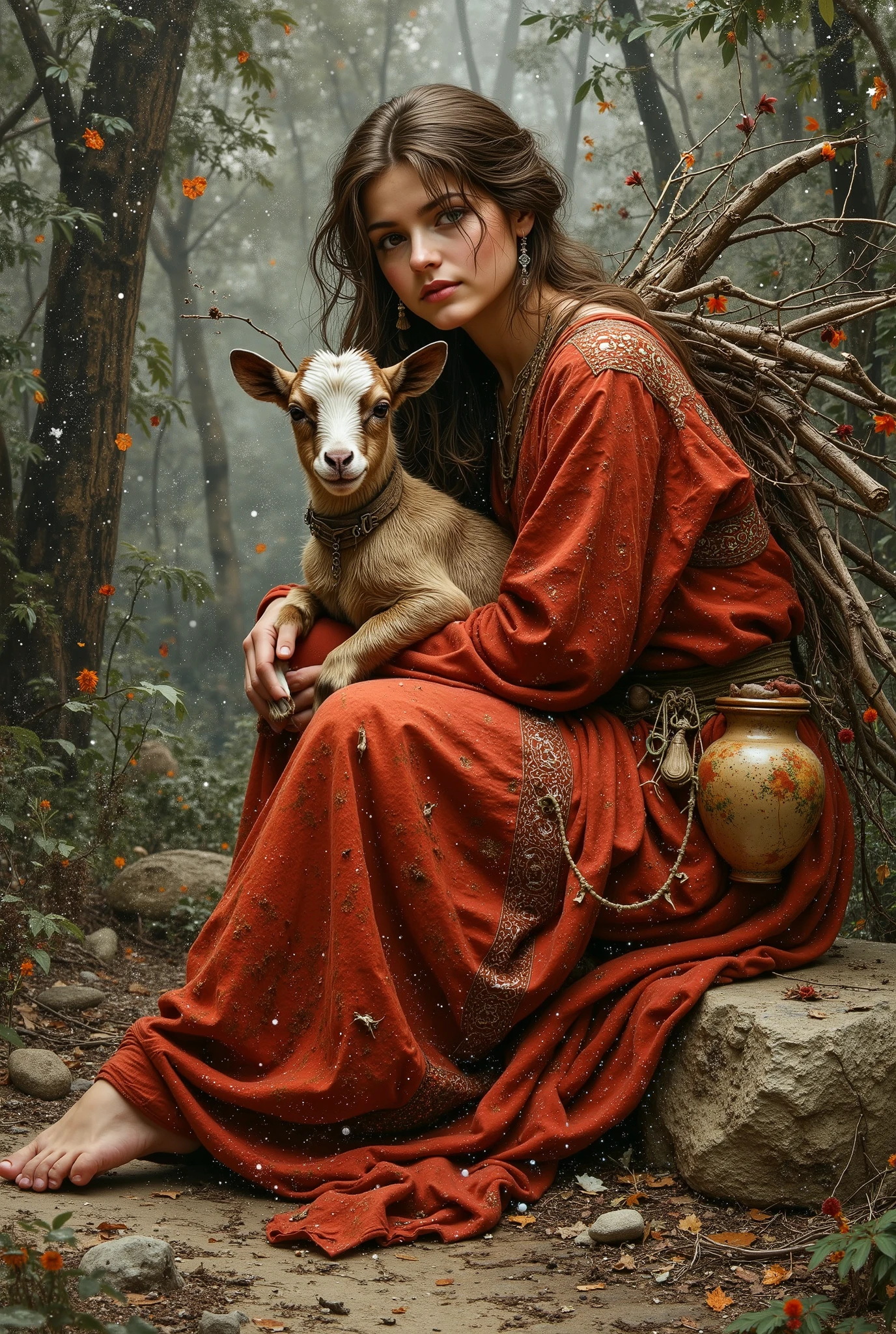 created a painting with oil painting with huge details , In the style of the artist Leonardo Davinci , The art of the era of European Renaissance , A fully detailed painting of a beautiful Moroccan Berber girl ( 20 years old ) She has large pieces of dry tree branches on her back and is sitting on a rock in the middle of the forest trees. She has a small goat in her arms. She has long brown hair spread over her shoulders. She wears a traditional Berber dress. She has a vase on her waist and the background is blurry. The picture seems cinematic. The angle of view is not taken in front of the girl ( The full picture of the girl inside the frame and the view from the front )