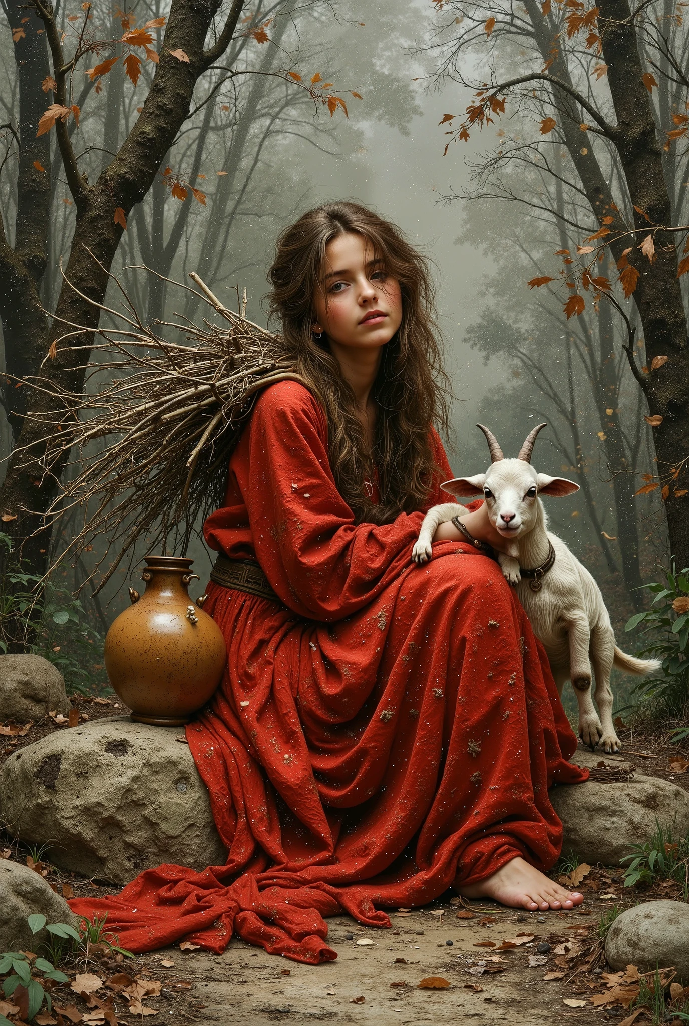 created a painting with oil painting with huge details , In the style of the artist Leonardo Davinci , The art of the era of European Renaissance ,  A fully detailed painting of a beautiful Moroccan Berber girl  (  20 years old )  She has large pieces of dry tree branches on her back and is sitting on a rock in the middle of the forest trees. She has a small goat in her arms. She has long brown hair spread over her shoulders. She wears a traditional Berber dress. She has a vase on her waist and the background is blurry. The picture seems cinematic. The angle of view is not taken in front of the girl  ( The full picture of the girl inside the frame and the view from the front ) 
