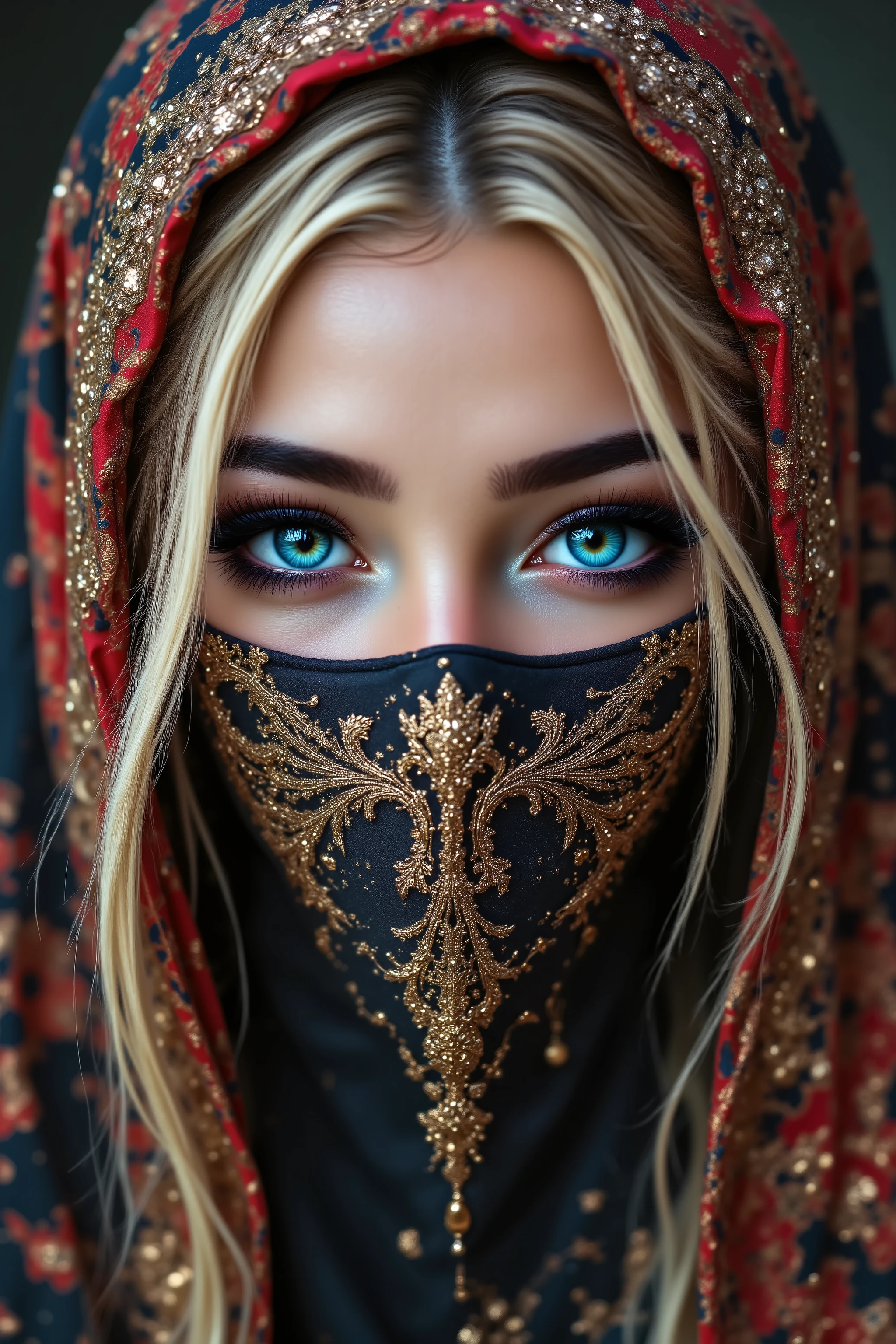  Portrait of an Arabian princess, a fairy-tale image, fantastic backgrounds, a magical fairy-tale atmosphere, [cowbow shot:1.25], [she has a veil-mask and (falling fringes) (gold-chaining, shiny, elegant) cover the lower part of the face] , [vivid and colorful cashmere fabric, delicately embroidered with red spiderweb], Ultra-realistic (photorealistic Realism), (ultra realistic texture details: velvety skin, hair), (Key Directive: - "The priority is the anatomical accuracy and texture of the materials" - "Ultra-sharp human eyes with biological accuracy") Eyes: "(acid-resistant terminology) (macro-details:1 . 55): * Moist corneal surface (visible aqueous layer:1 . 2) * Hyper-detailed iris stroma ((brown) with gold flecks) * Precise limbal ring (slightly darker pigmentation:1 . 2) * Pupil micro-texture (irregular edge authenticity:0 . 9) * Vasculature in sclera (subtle red veins radiating from limbus)" - "Lashes: blue individual synthetic fibers (crosshatched roots:1 . 2 , clump-free separation)" Technical Specs: (Optics: - "Zeiss Otus85mm f/1 . 4 lens (eye refraction calculations:1 . 3)" - "Shutter Speed:1/500 (freeze eye micro-movements)" - "Focus Stacking:7-point coverage on iris plane"), dark blonde hair (very short hair, slicked to one side) intricately details) (Post-Processing: - "Frequency separation for skin vs eye details" - "Selective sharpening: eyes200% , hair130%"- "angelic cute face, white teeth, perfect beauty, long eyelashes, neon pink lips, oiled skin. no blur sharp focus on all body"