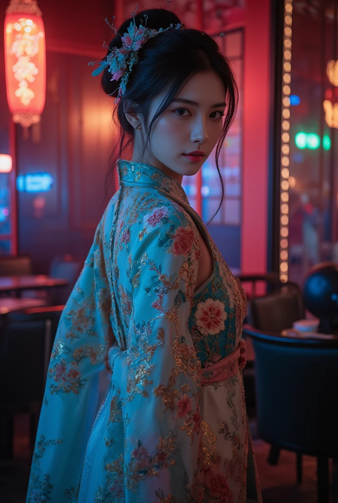 (((best quality))),(((ultra detailed))),(((masterpiece))),illustration,1girl,bun hair,( gauze hanbok:1.3),collar,slim,laughing, summer night,Korean city scape, street, neon signs, beautiful, vibrant, detailed  features,medium hair, elegance, cultural atmosphere, bustling city,tall buildings full of colorful advertisements, reflections, lively atmosphere, street food aroma,upper body,from back,(shoulder off, back,towering hips,butt crack)