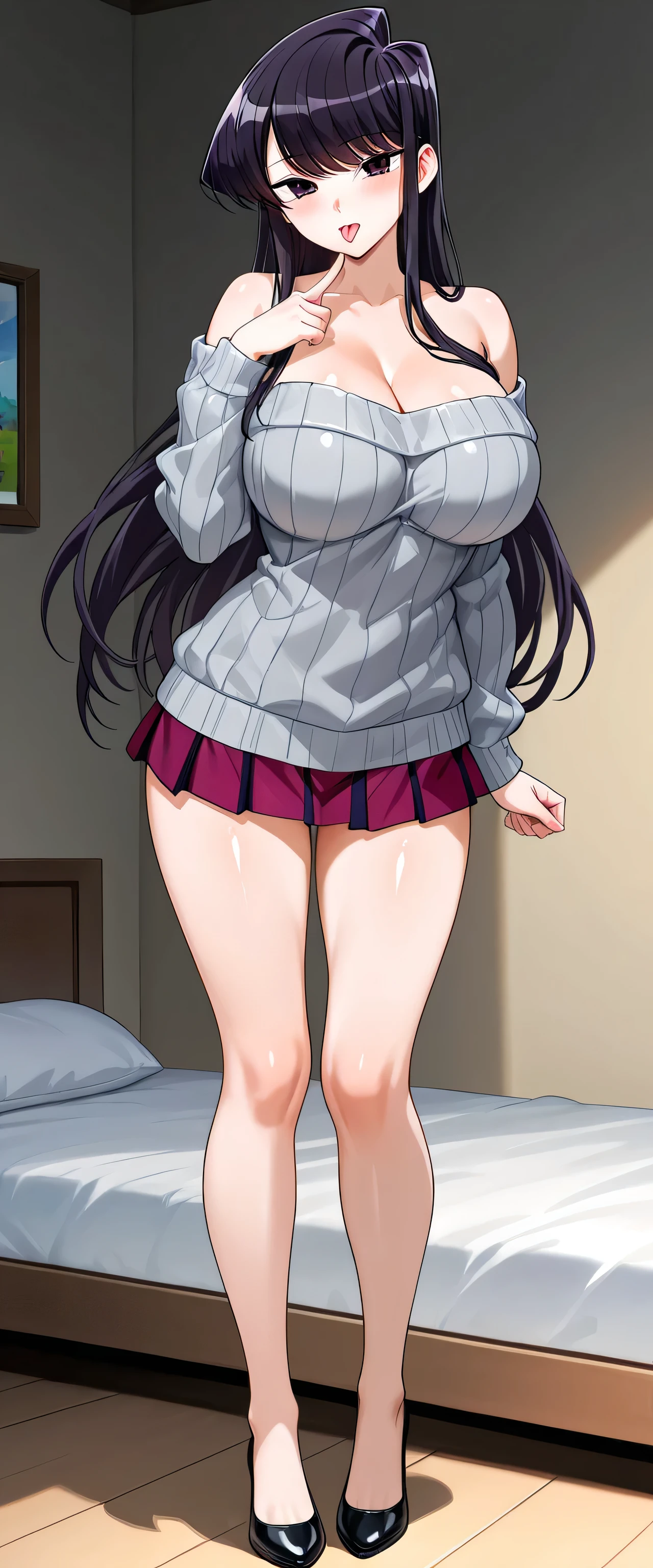 Komi Shouko, dxd, Short GRAY sweater with bare shoulders , Cleavage showing her big breasts and very short skirt like a PINK Schoolgirl while sticking out her flirty tongue.
