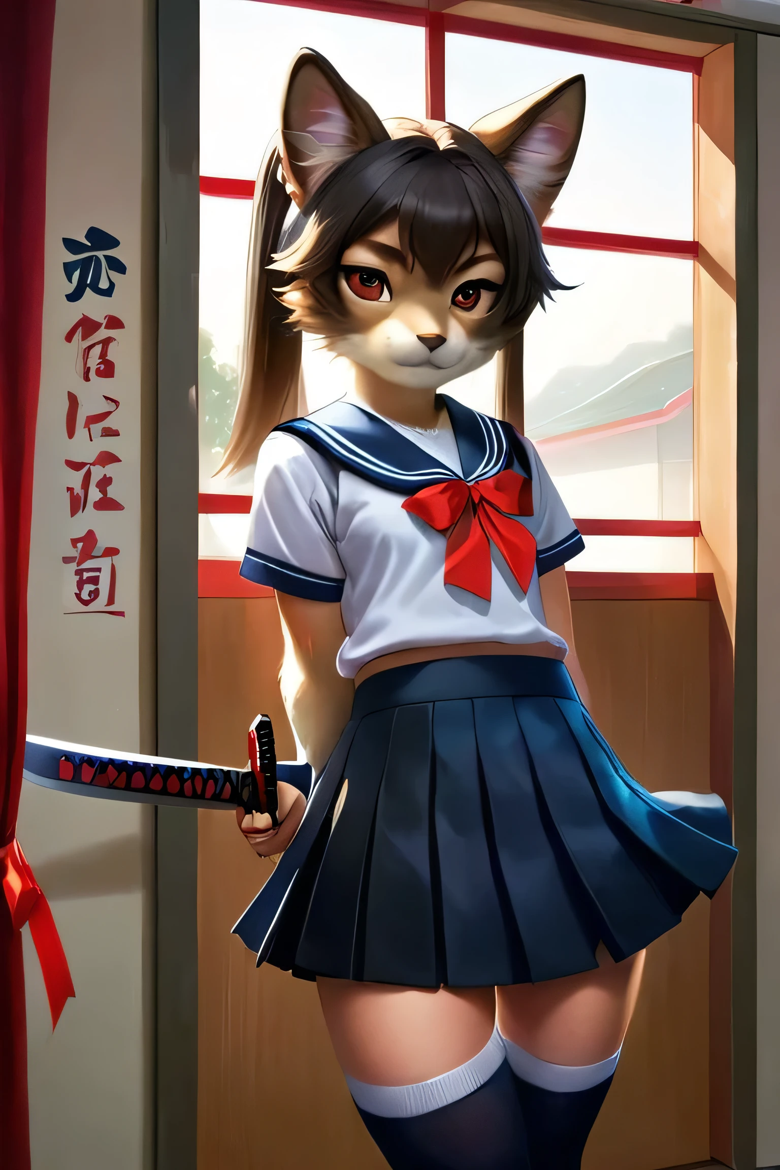 masterpiece, best quality, very detailed, beautiful furry schoolgirl Japanese, furry, anthro, Perfect face, high resolution, inside of a Japanese school, the windows are boarded up, wielding a katana, wearing (pleated miniskirt, thigh highs, hair ornament flower, schoolgirl uniform, red ribbon), realism, photorealism, hyperdetailed, an ominous shadow on wall approaching her
