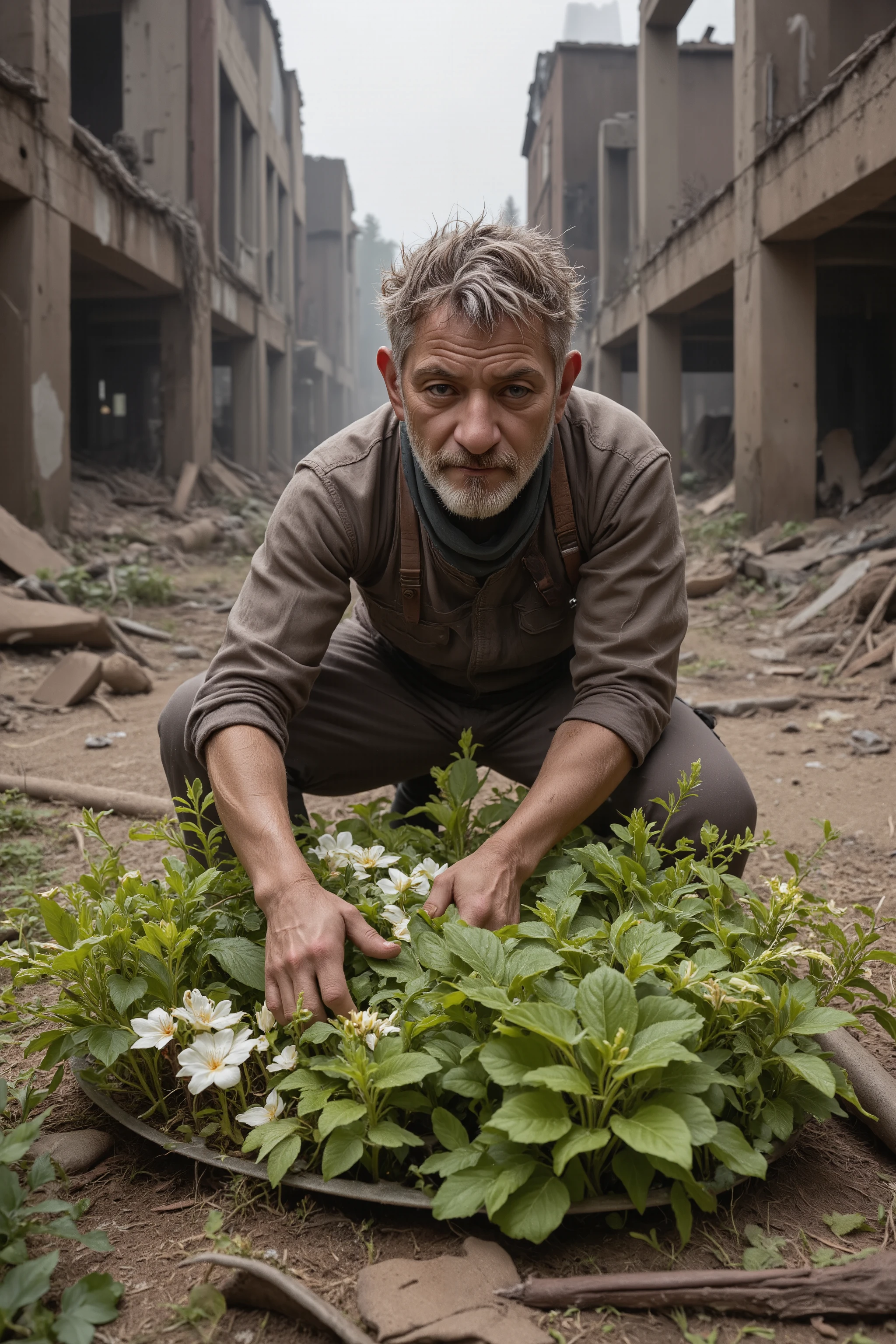 The Wasteland Gardener - He plants a garden amid the ruins, letting greenery breathe life back into this post‑apocalyptic world. photorealistic, ray tracing, 32K, HDR, UHD, DSLR, cinematic, masterpiece, award-winning