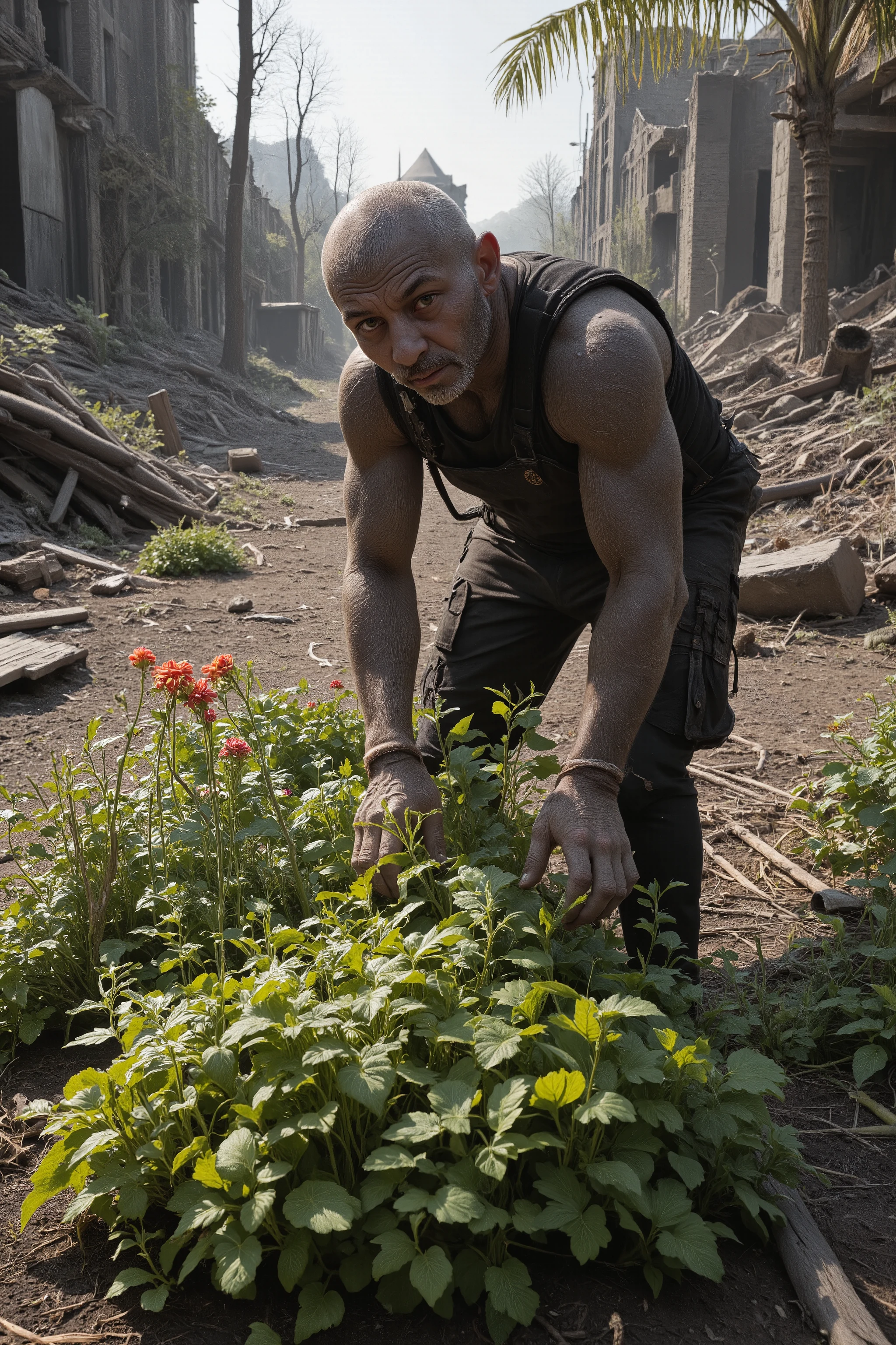 The Wasteland Gardener - He plants a garden amid the ruins, letting greenery breathe life back into this post‑apocalyptic world. photorealistic, ray tracing, 32K, HDR, UHD, DSLR, cinematic, masterpiece, award-winning