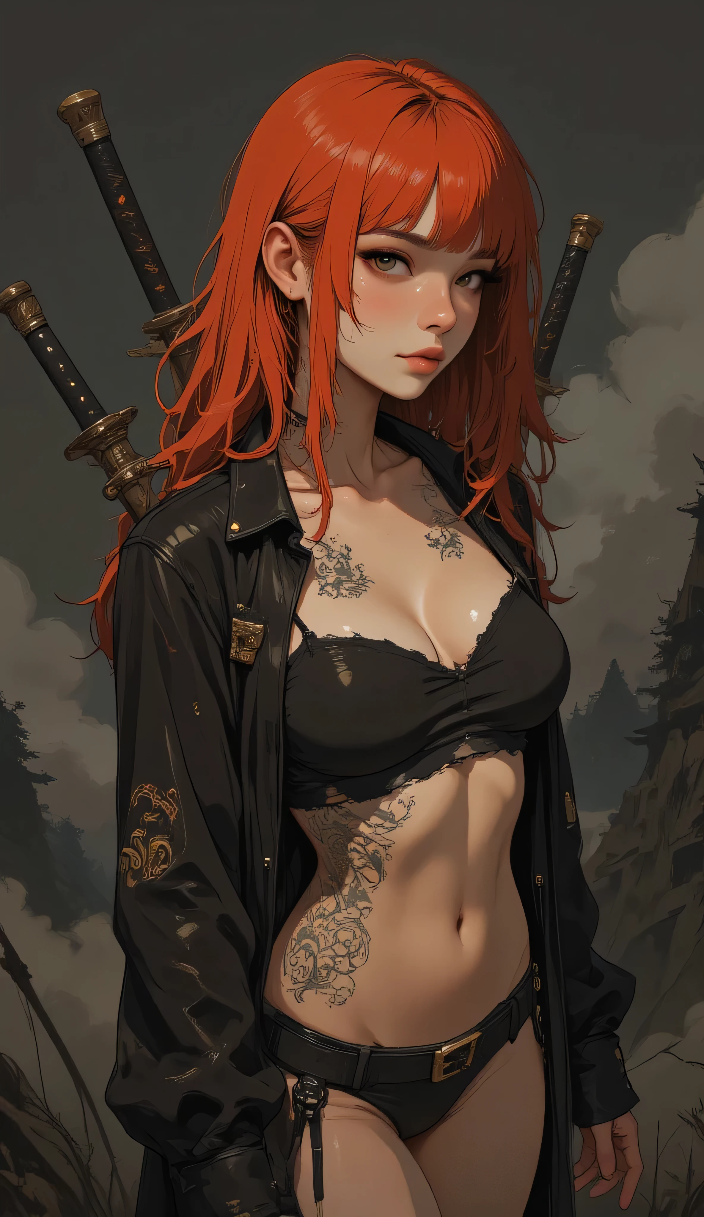  Score_9, score_8_up, score_7_up, ((highest quality)), ((masterpiece)), Perfect Face, (High definition), (Best Shadow), 8k, cinematic. A highly detailed artwork in the fantasy genre Luis Royo style using digital painting techniques. It features a full-body view of a woman with long, flowing red hair that cover her bust. Her slender physique is covered entirely only with tattoos that highlight her light skin. She only wears a very short torn shirt. Her expression is intense, with a slight smile, and she holds two long, sharp swords behind her back, their hilts decorated with intricate carvings. The background is a gradient of dark to light gray, with subtle hints of mist or smoke, giving a mystical, ethereal feel. The textures are finely detailed, from the smoothness of her skin to the roughness of the swords and the softness of her hair. The overall color palette is muted with shades of gray, black, and white, enhancing the mysterious and otherworldly atmosphere. The artwork combines elements of fantasy and gothic styles, with a focus on intricate details and a sense of depth and movement.