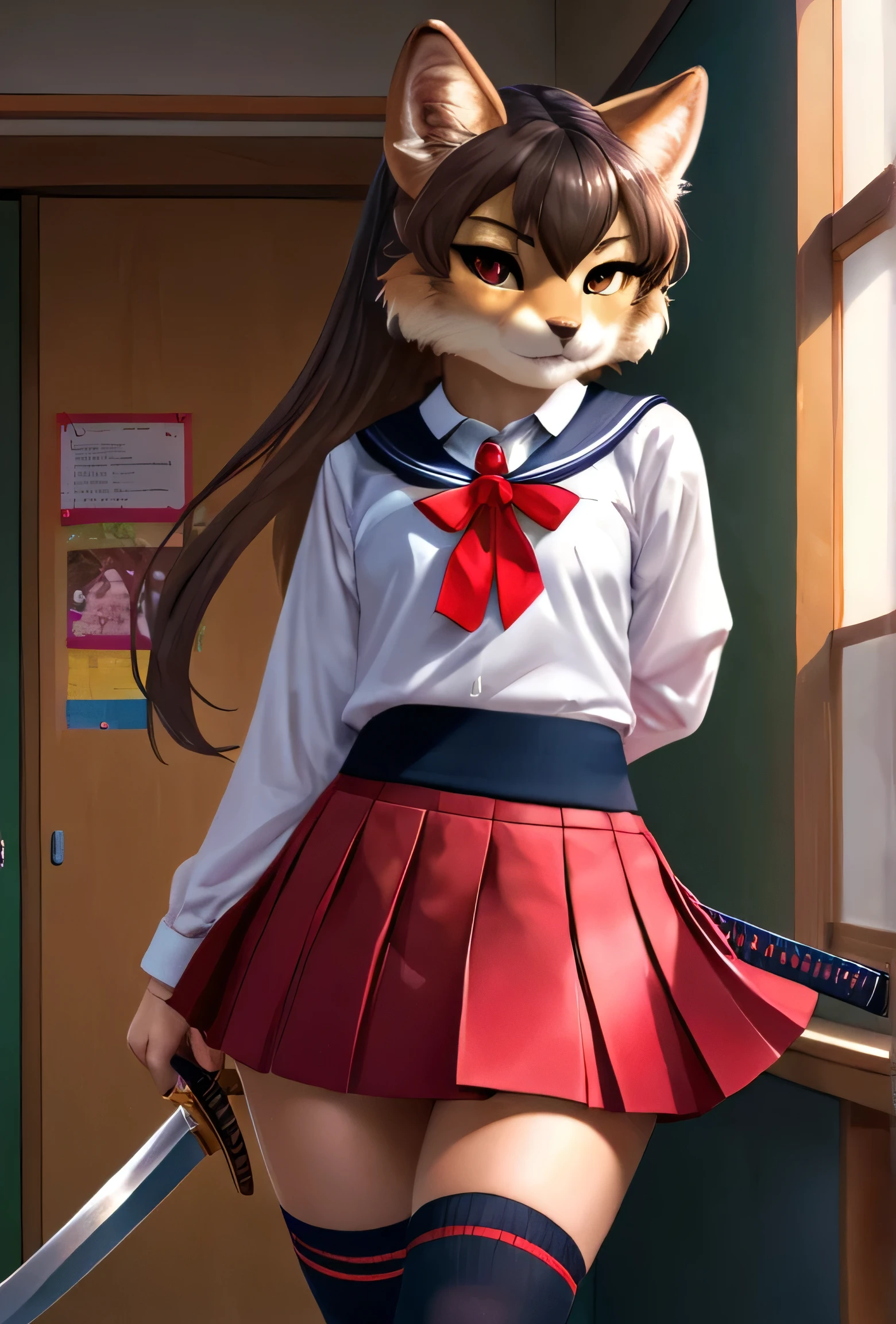 masterpiece, best quality, very detailed, beautiful furry schoolgirl Japanese, furry, anthro, Perfect face, high resolution, inside of a Japanese school, the windows are boarded up, wielding a katana, wearing (pleated miniskirt, thigh highs, hair ornament flower, schoolgirl uniform, red ribbon), realism, photorealism, hyperdetailed