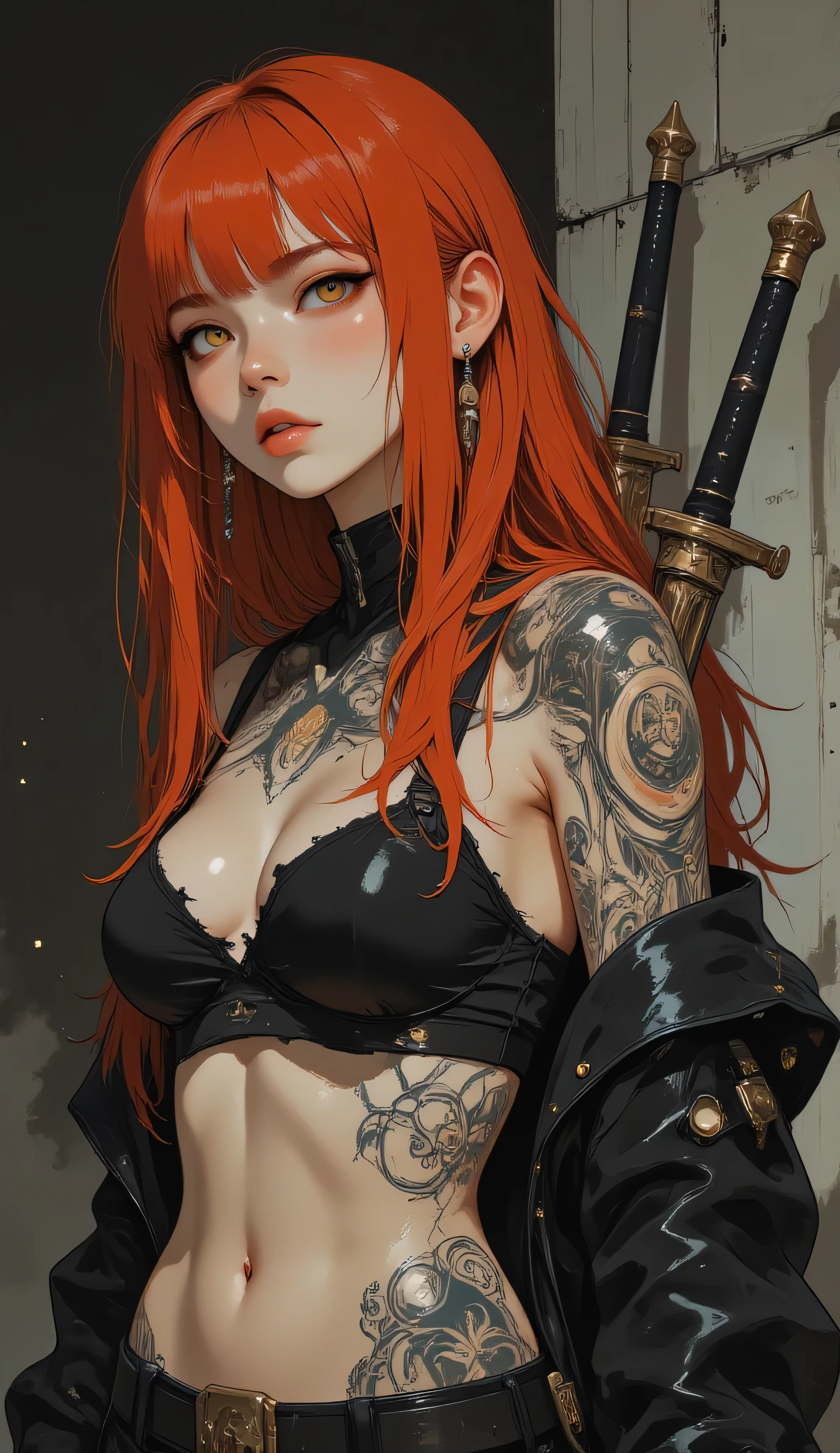 Score_9, score_8_up, score_7_up, ((highest quality)), ((masterpiece)), Perfect Face, (High definition), (Best Shadow), 8k, cinematic. A highly detailed artwork in the fantasy genre Luis Royo style using digital painting techniques. It features a full-body view of a woman with long, flowing red hair that cover her bust. Her slender physique is covered entirely only with tattoos that highlight her light skin. She only wears a very short torn shirt. Her expression is intense, with a slight smile, and she holds two long, sharp swords behind her back, their hilts decorated with intricate carvings. The background is a gradient of dark to light gray, with subtle hints of mist or smoke, giving a mystical, ethereal feel. The textures are finely detailed, from the smoothness of her skin to the roughness of the swords and the softness of her hair. The overall color palette is muted with shades of gray, black, and white, enhancing the mysterious and otherworldly atmosphere. The artwork combines elements of fantasy and gothic styles, with a focus on intricate details and a sense of depth and movement.