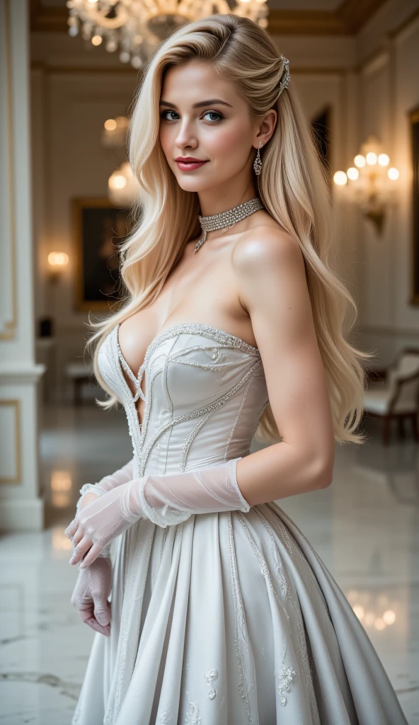 beautiful blonde woman, hourglass figure, wearing elegant dress, in a luxurious setting