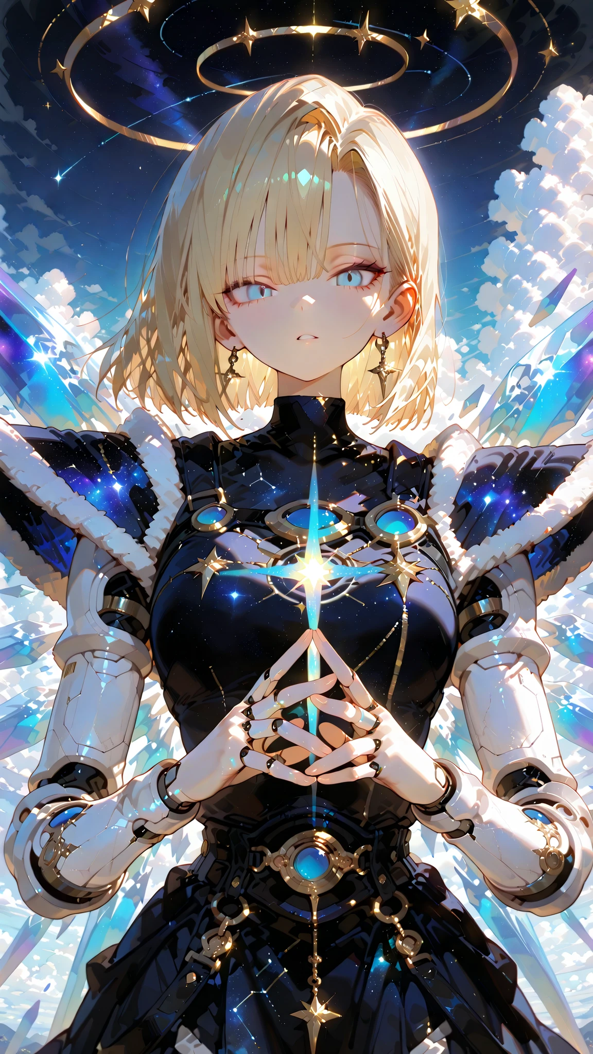 Outstanding work, slightly realistic, of extraordinary quality, very beautiful, ultra-high resolution, high resolution, anime style------Android 18 from Dragon Ball Z has been reimagined as Libra. She stood gracefully in the void of the universe, wearing a radiating celestial armor that shone with blue and golden light, looking fashionable and elegant, perfectly fitting her fit figure. In her right hand held a luminous, ethereal balance made of pure starlight, with each side of the balance shining with soft golden and silver light. Her expression was cold, calm and refined. Her beauty was emphasized by her sharp features and sharp eyes. The stars were vividly reflected in her ice-blue eyes, endowing them with a mysterious glow. Her golden hair flowed freely, illuminated by the light of the nearby constellation. Behind her, the vast night sky stretched infinitely, with nebulae, clouds, dazzling stars, and faint zodiacal patterns forming a halo of cosmic balance. The atmosphere is solemn and sacred, as if she herself embodies the balance and order of the universe. (Ultra-detailed, masterpiece, high resolution, cinematic lighting, 8,000, highly detailed skin texture, cosmic fantasy art)