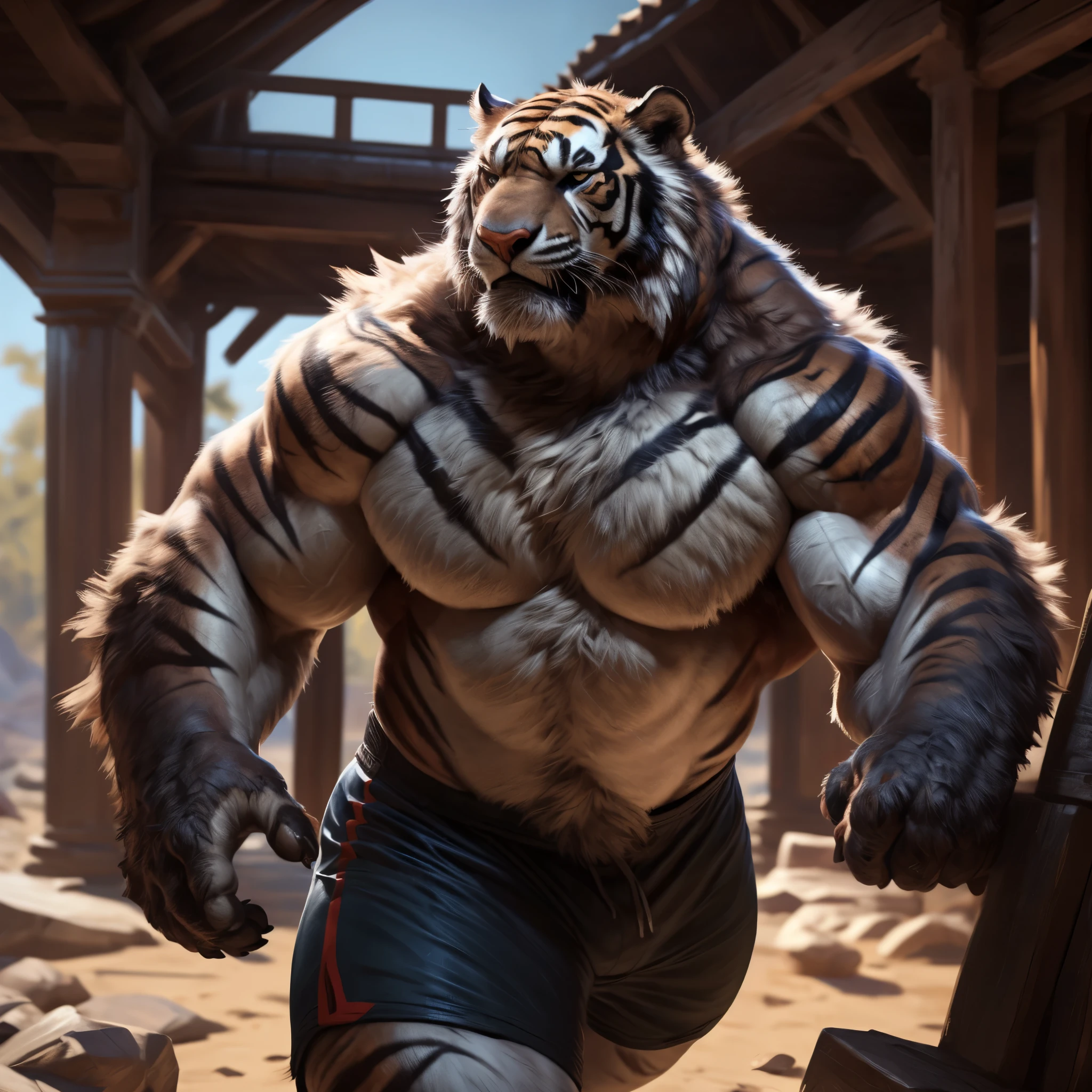 masterpiece, best quality, 8k resolution, Very detailed, hairy，tiger，((red hair))，muscle，Strong，超大muscle，((Sweating))，(((Purple pupils)))，For the audience，(((Ancient times)))，portrait，((()))，(Highest quality scene)，(((crotch cloth)))，(((grassland)))，(((Vigilant)))，(((Hip bulge)))，(((Ultra clear eyes))，(((long fangs)))，((Solitary))，((whole body))，(((Sunlight)))，(((Standing)))，((Mature))，(((Uncle)))，(((Orange fur)))