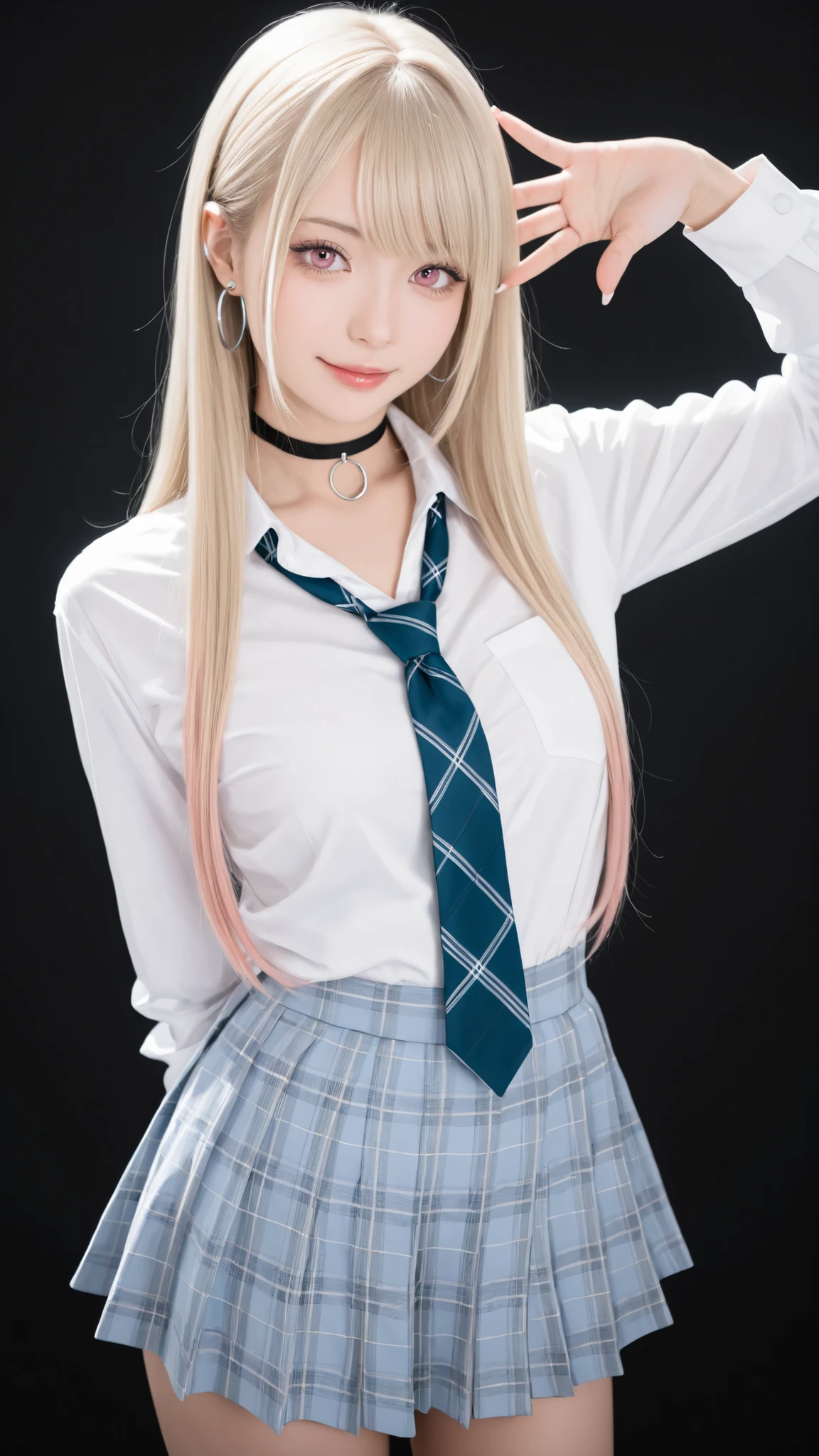 masterpiece,very detailed,Realistic,Realistic,Highest Quality,8k,Calm Lighting,1girl,Long Rush,pink eyes,bangs,Light-colored hair,(blonde hair、Chip is pink),long straight hair,white skin,naughty face,Beautiful long nails,Attractive Proportions, white shirt and tie ,(wide collar ),light blue plaid pleated mini skirt,black choker,small stud and silver hoop on left ear,random pose,Black Background,Shining Light