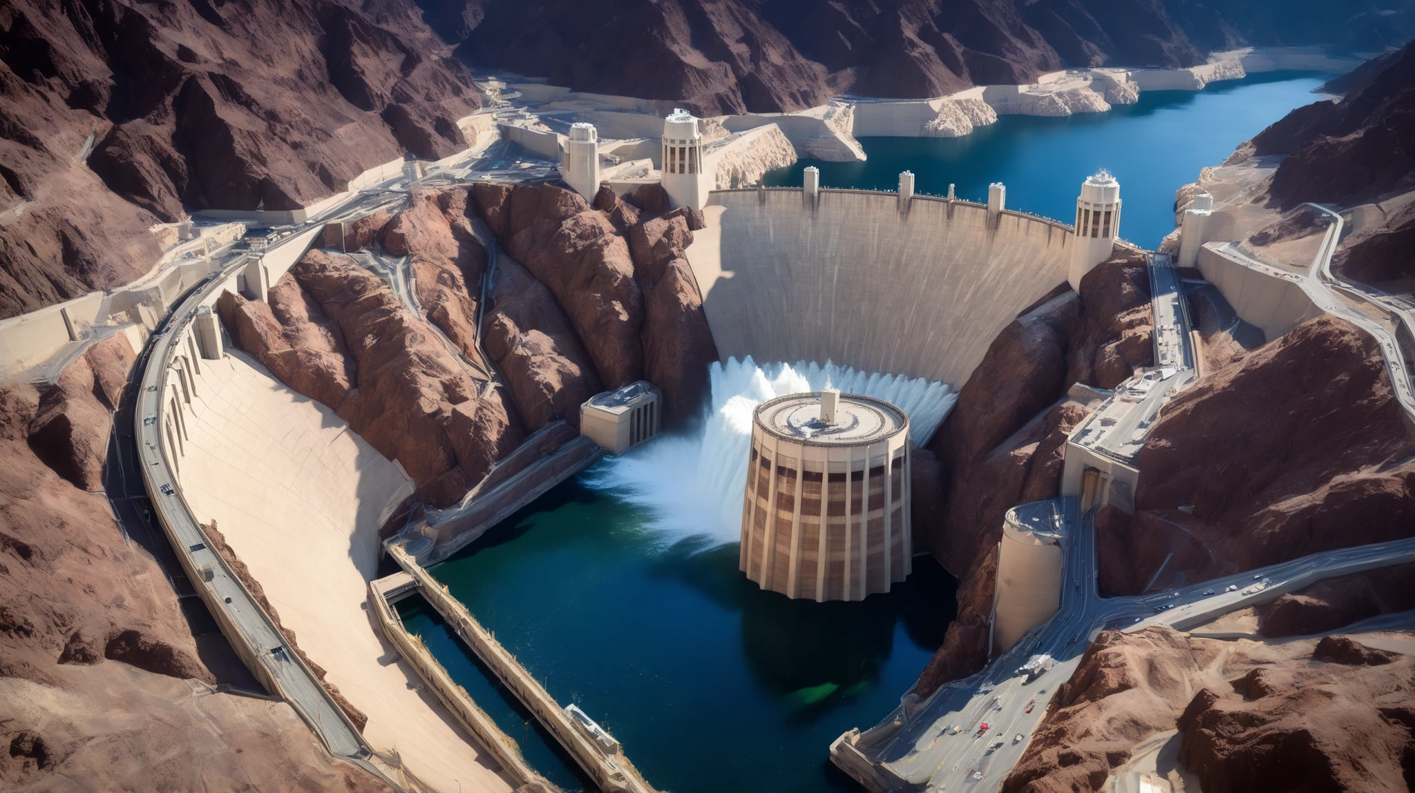 8k,ultra highres:high-definition images、(realistic expression:1.5),Nevada、(The huge Hoover Dam completed:1.5)、(Hoover Damの性格な構造と配置:1.5),(220m high gravity arch dam:1.5),(The majestic atmosphere of a supermassive structure:1.5),(Image taken from above:1.5),(There is a hydroelectric power station at the bottom of the dam:1.5),dammed the Colorado River、Lake Made was formed from stored water、fish at Lake Maid, jet ski, wait. You can、(The exterior of the majestic dam:1.5)、(mega structure:1.5),