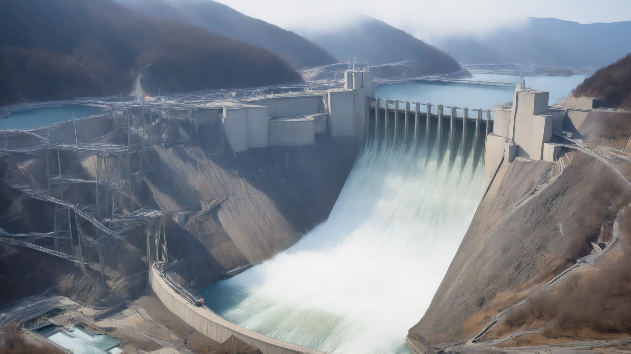 8k,Ultra Hi-Res:high resolution image、(realistic expression:1.5),Toyama Prefecture、(the huge Kurobe dam that was completed:1.5)、(Hoover Dam's elegance and treatment:1.5),(It's flowing like fog from the 186 meter-high gravity combine dam:1.5),(The majestic atmosphere of the supermassive structure:1.5),(Image taken from above:1.5),(There is a hydroelectric power plant at the bottom of the dam:1.5),dammed up the Kurobe River、The dam lake's water storage capacity is now full,(The exterior of the majestic dam:1.5)、(Mega Structure:1.5),(The center of the dam2point:1.5),