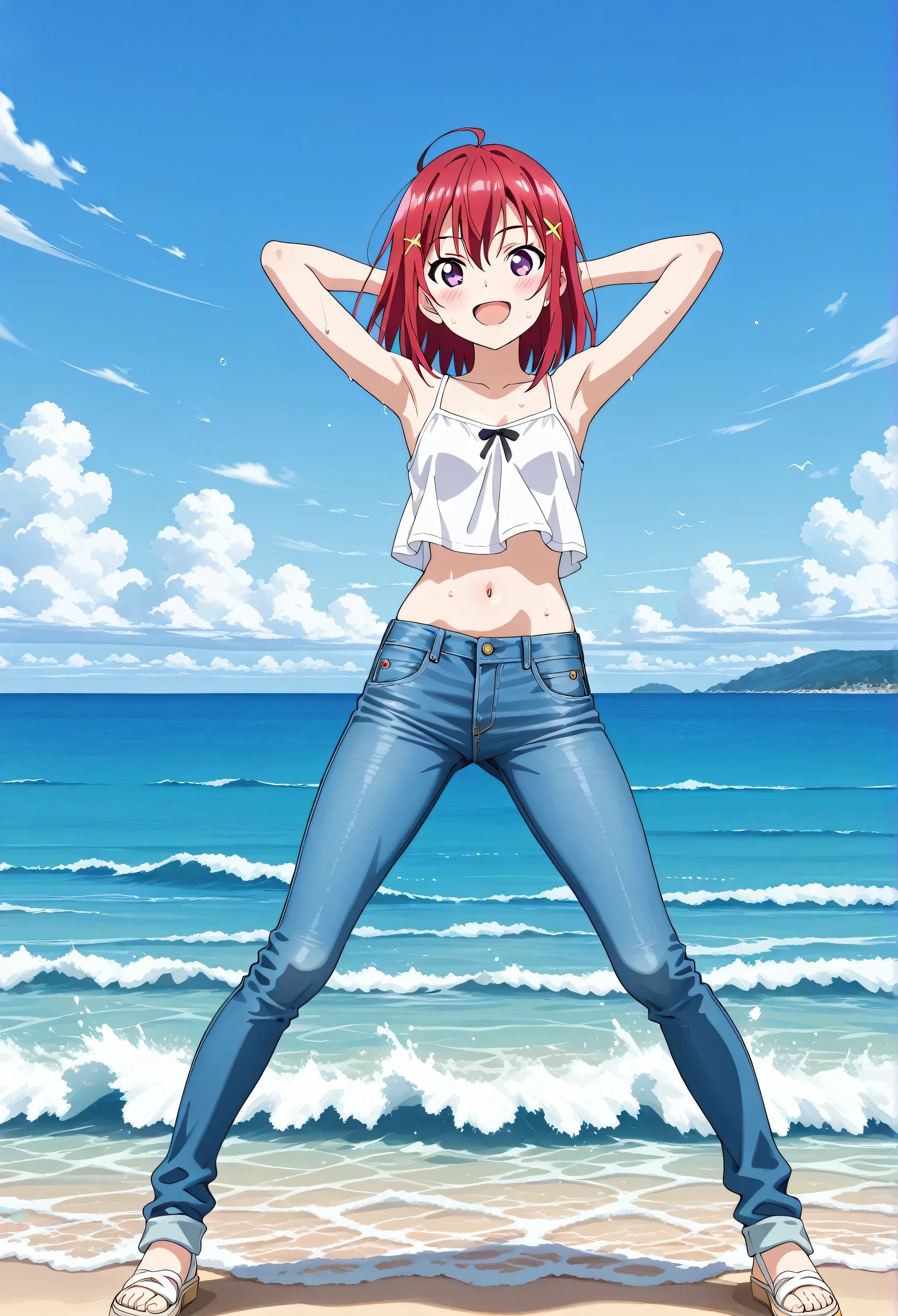 score_9, score_8_up, score_7_up, source_anime, highres, hi res, ((best quality, top quality, perfect quality, Highest Quality, amazing quality)), {{masterpiece}}, {{an extremely delicate and beautiful}}, 2d, intricate details, official style, anime, 8k, anime style, official_anime, official art, digital painting, cell shading, soft shading, high resolution, soothing tones, Subdued Color, Soft cinematic light, adobe lightroom, photolab, HDR, intricately and hyper-detailed, ((high quality animation)), 1 girl, Alone, solo, ((ocean)), tsunami, on the water, day, outdoors, sky, windy, kanzakitomoyo, medium hair, red hair, purple eyes, small , white camisole top, crop top, white crop top, best quality, hyper-detailed jeans, ((blue jeans:1.9)), (dark blue jeans:0.6), full medium body, medium shot, Open mouth, smiling, happy face, blush, sweat, standing, arms behind head, bowlegged, sliding pose, action, looking at viewer, , Bend knees slightly, straight-on front view