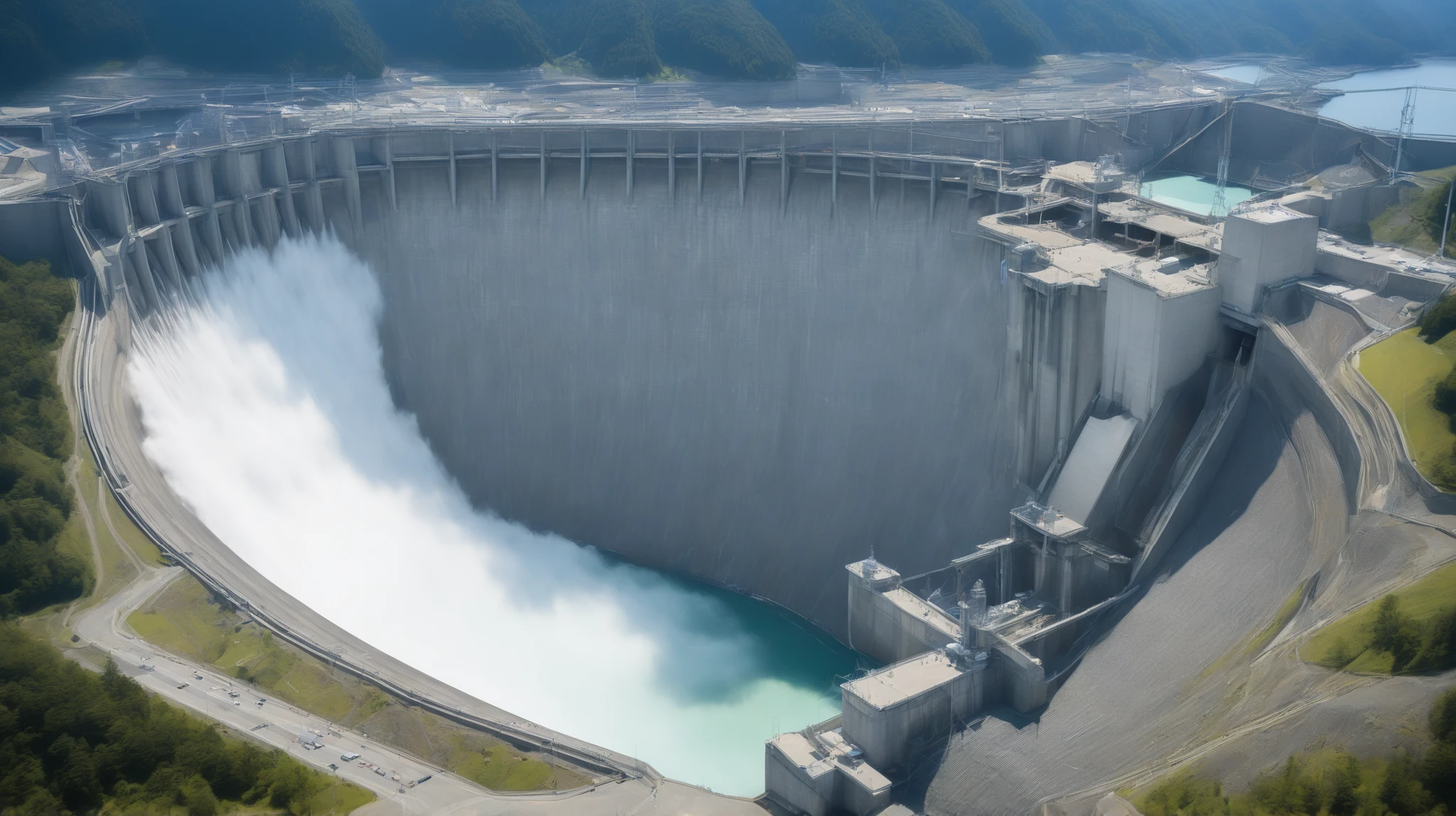 8k,Ultra Hi-Res:high resolution image、(realistic expression:1.5),Toyama Prefecture、(the huge Kurobe dam that was completed:1.5)、(The elegance and treatment of Kurobe dam:1.5),(It flows like fog from the 186-meter-high gravitational arch dam:1.5),(The majestic atmosphere of the supermassive structure:1.5),(Image taken from above:1.5),(There is a hydroelectric power plant at the bottom of the dam:1.5),dammed up the Kurobe River、The dam lake's water storage capacity is now full,(The exterior of the majestic dam:1.5)、(Mega Structure:1.5),(The center of the dam2point:1.5),