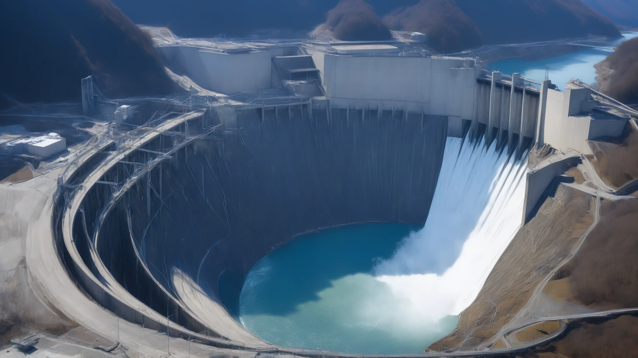 8k,Ultra Hi-Res:high resolution image、(realistic expression:1.5),Toyama Prefecture、(the huge Kurobe dam that was completed:1.5)、(The elegance and treatment of Kurobe dam:1.5),(It flows like fog from the 186-meter-high gravitational arch dam:1.5),(The majestic atmosphere of the supermassive structure:1.5),(Image taken from above:1.5),(There is a hydroelectric power plant at the bottom of the dam:1.5),dammed up the Kurobe River、The dam lake's water storage capacity is now full,(The exterior of the majestic dam:1.5)、(Mega Structure:1.5),(The center of the dam２point:1.5),
