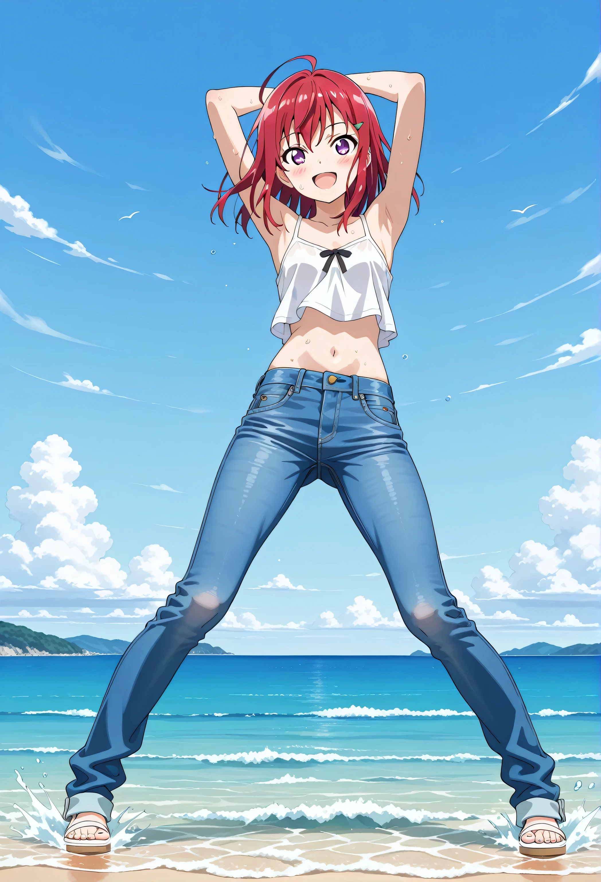 score_9, score_8_up, score_7_up, source_anime, highres, hi res, ((best quality, top quality, perfect quality, Highest Quality, amazing quality)), {{masterpiece}}, {{an extremely delicate and beautiful}}, 2d, intricate details, official style, anime, 8k, anime style, official_anime, official art, digital painting, cell shading, soft shading, high resolution, soothing tones, Subdued Color, Soft cinematic light, adobe lightroom, photolab, HDR, intricately and hyper-detailed, ((high quality animation)), 1 girl, Alone, solo, ((ocean)), tsunami, on the water, day, outdoors, sky, windy, kanzakitomoyo, medium hair, red hair, purple eyes, small , white camisole top, crop top, white crop top, best quality, hyper-detailed jeans, ((blue jeans:1.9)), (dark blue jeans:0.6), full medium body, medium shot, Open mouth, smiling, happy face, blush, sweat, standing, arms behind head, bowlegged, sliding pose, action, looking at viewer, , Bend knees slightly, straight-on front view