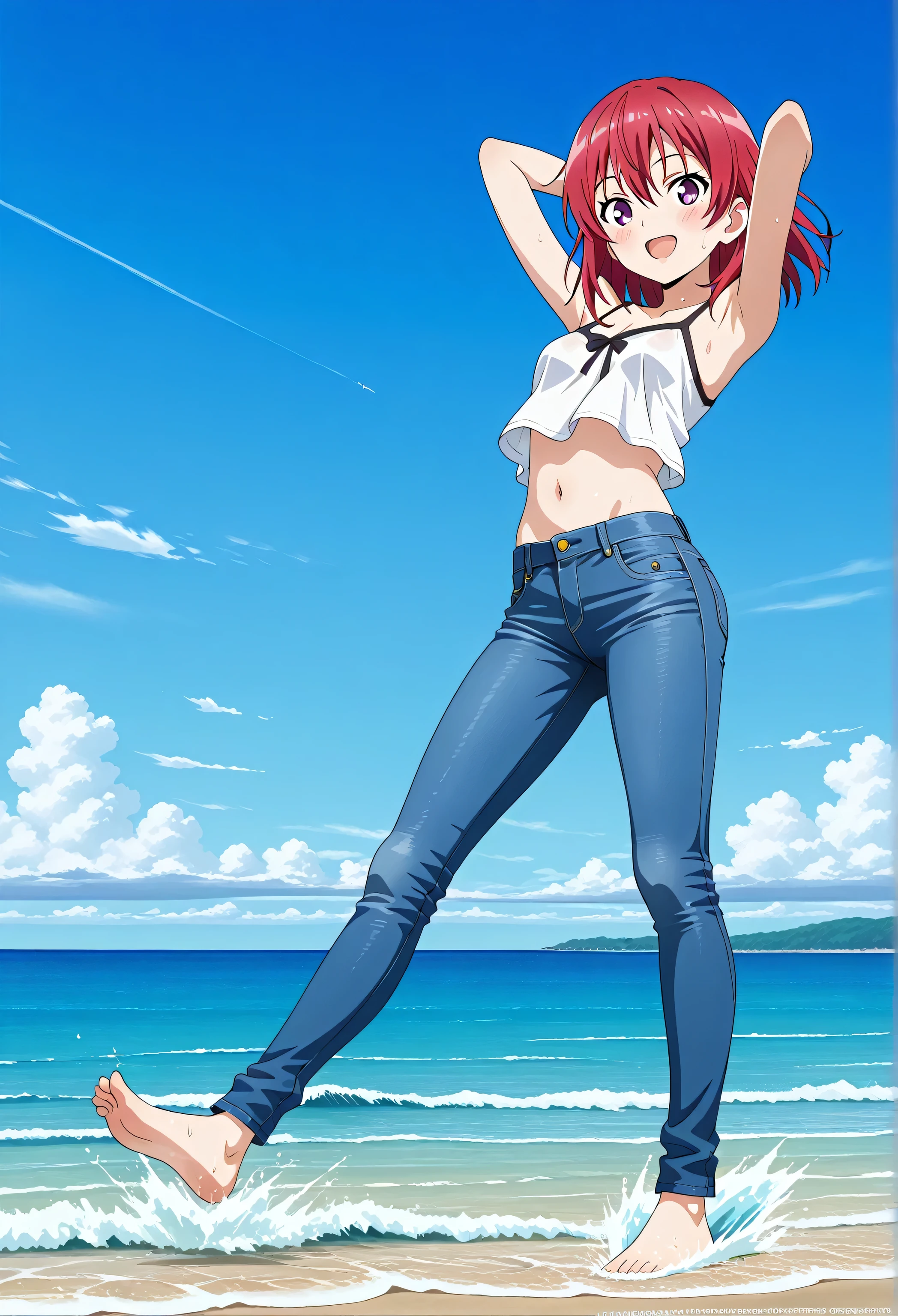 score_9, score_8_up, score_7_up, source_anime, highres, hi res, ((best quality, top quality, perfect quality, Highest Quality, amazing quality)), {{masterpiece}}, {{an extremely delicate and beautiful}}, 2d, intricate details, official style, anime, 8k, anime style, official_anime, official art, digital painting, cell shading, soft shading, high resolution, soothing tones, Subdued Color, Soft cinematic light, adobe lightroom, photolab, HDR, intricately and hyper-detailed, ((high quality animation)), 1 girl, Alone, solo, ((ocean)), tsunami, on the water, day, outdoors, sky, windy, kanzakitomoyo, medium hair, red hair, purple eyes, small , white camisole top, crop top, white crop top, best quality, hyper-detailed jeans, ((blue jeans:1.9)), (dark blue jeans:0.6), full medium body, medium shot, Open mouth, smiling, happy face, blush, sweat, standing, arms behind head, bowlegged, sliding pose, action, looking at viewer, , Bend knees slightly, straight-on front view