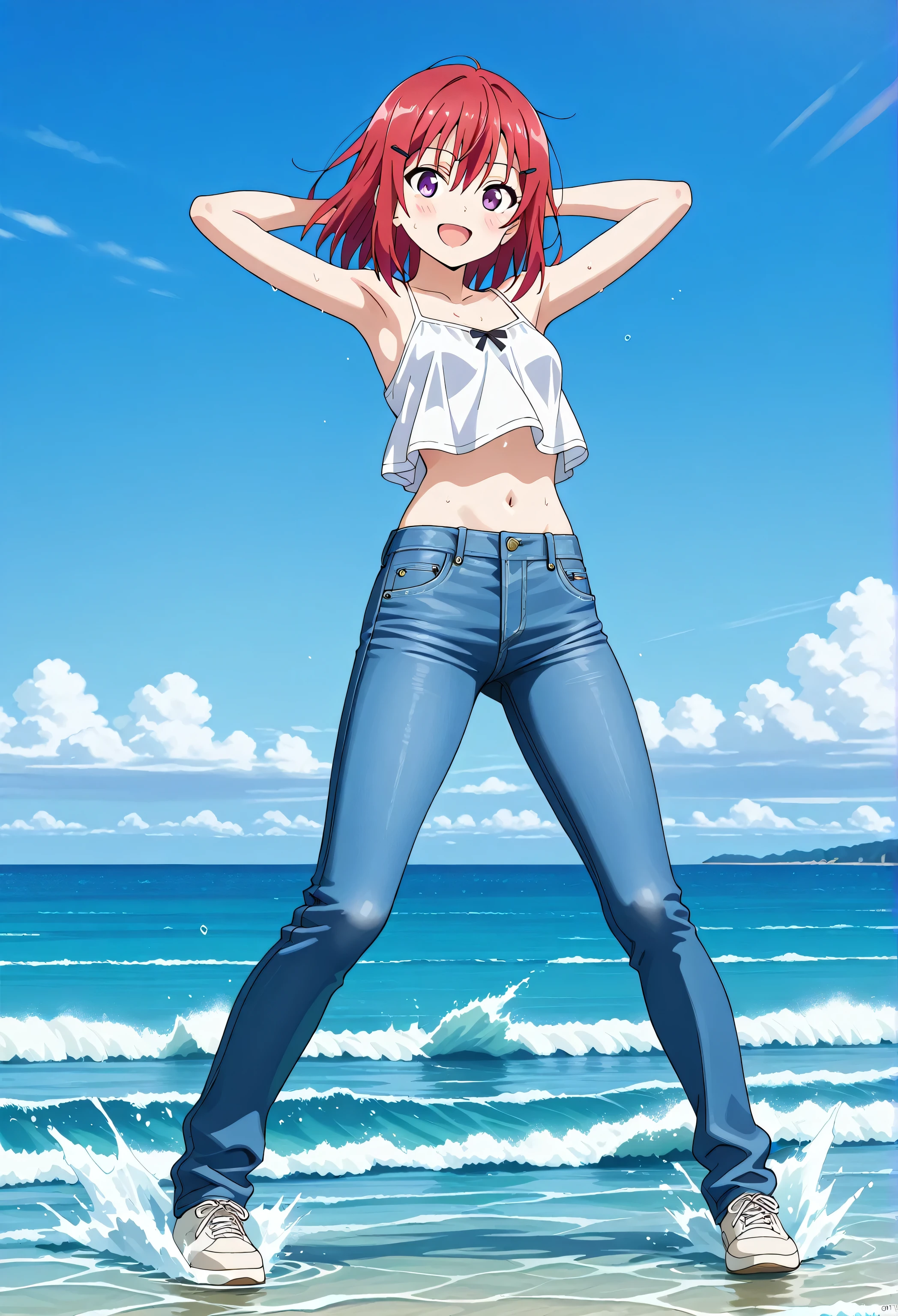 score_9, score_8_up, score_7_up, source_anime, highres, hi res, ((best quality, top quality, perfect quality, Highest Quality, amazing quality)), {{masterpiece}}, {{an extremely delicate and beautiful}}, 2d, intricate details, official style, anime, 8k, anime style, official_anime, official art, digital painting, cell shading, soft shading, high resolution, soothing tones, Subdued Color, Soft cinematic light, adobe lightroom, photolab, HDR, intricately and hyper-detailed, ((high quality animation)), 1 girl, Alone, solo, ((ocean)), tsunami, on the water, day, outdoors, sky, windy, kanzakitomoyo, medium hair, red hair, purple eyes, small , white camisole top, crop top, white crop top, best quality, hyper-detailed jeans, ((blue jeans:1.9)), (dark blue jeans:0.6), full medium body, medium shot, Open mouth, smiling, happy face, blush, sweat, standing, arms behind head, bowlegged, sliding pose, action, looking at viewer, , Bend knees slightly, straight-on front view