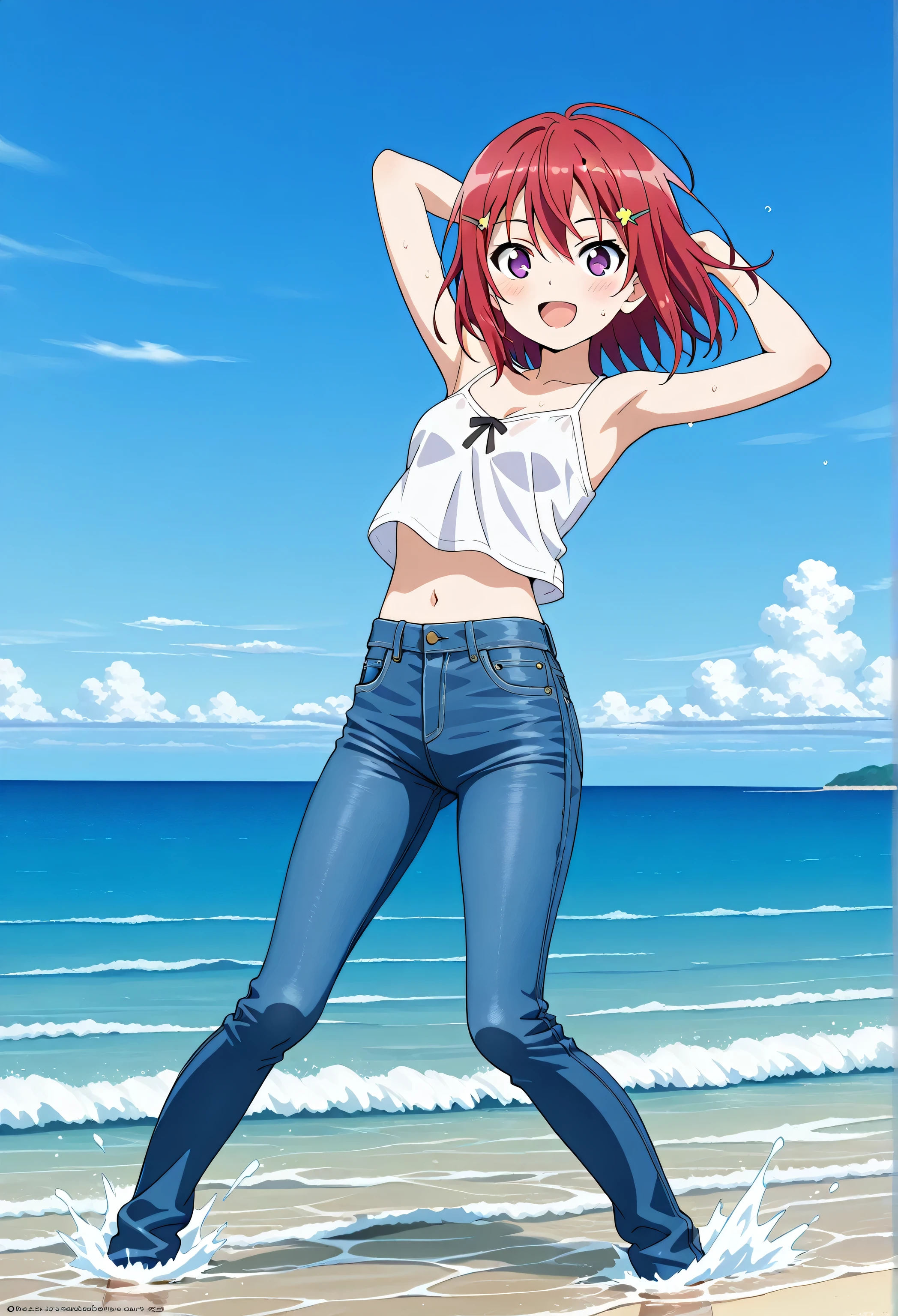 score_9, score_8_up, score_7_up, source_anime, highres, hi res, ((best quality, top quality, perfect quality, Highest Quality, amazing quality)), {{masterpiece}}, {{an extremely delicate and beautiful}}, 2d, intricate details, official style, anime, 8k, anime style, official_anime, official art, digital painting, cell shading, soft shading, high resolution, soothing tones, Subdued Color, Soft cinematic light, adobe lightroom, photolab, HDR, intricately and hyper-detailed, ((high quality animation)), 1 girl, Alone, solo, ((ocean)), tsunami, on the water, day, outdoors, sky, windy, kanzakitomoyo, medium hair, red hair, purple eyes, small breasts, white camisole top, crop top, white crop top, best quality, hyper-detailed jeans, ((blue jeans:1.9)), (dark blue jeans:0.6), full medium body, medium shot, Open mouth, smiling, happy face, blush, sweat, standing, arms behind head, bowlegged, jumping pose, action, looking at viewer, spread legs, Bend knees slightly, straight-on front view
