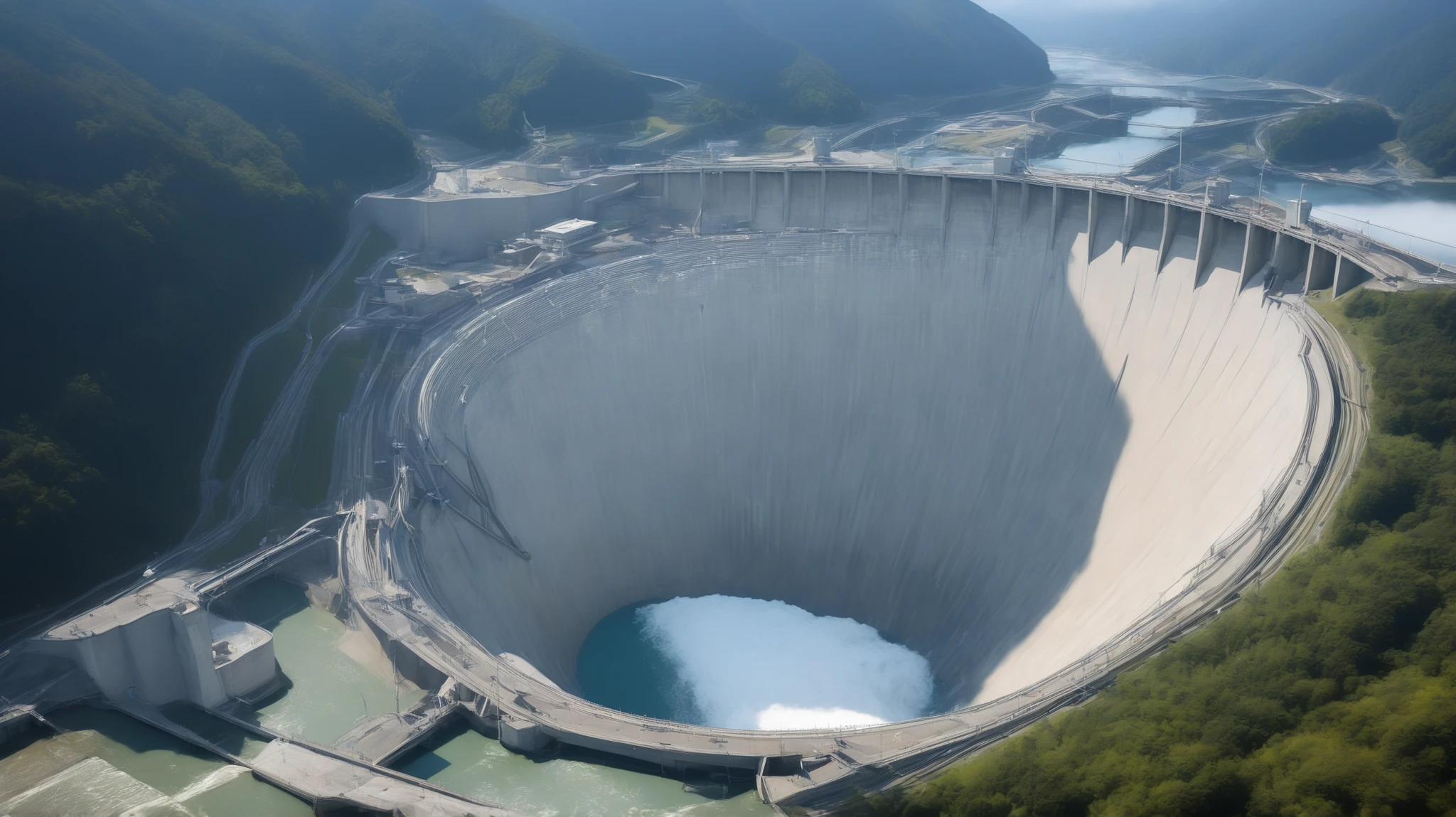 8k,Ultra Hi-Res:high resolution image、(realistic expression:1.5),Toyama Prefecture、(the huge Kurobe dam that was completed:1.5)、(The elegance and treatment of Kurobe dam:1.5),(It flows like fog from the 186-meter-high gravitational arch dam:1.5),(The majestic atmosphere of the supermassive structure:1.5),(Image taken from above:1.5),(There is a hydroelectric power plant at the bottom of the dam:1.5),dammed up the Kurobe River、The dam lake's water storage capacity is now full,(The exterior of the majestic dam:1.5)、(Mega Structure:1.5),(The center of the dam2point:1.5),