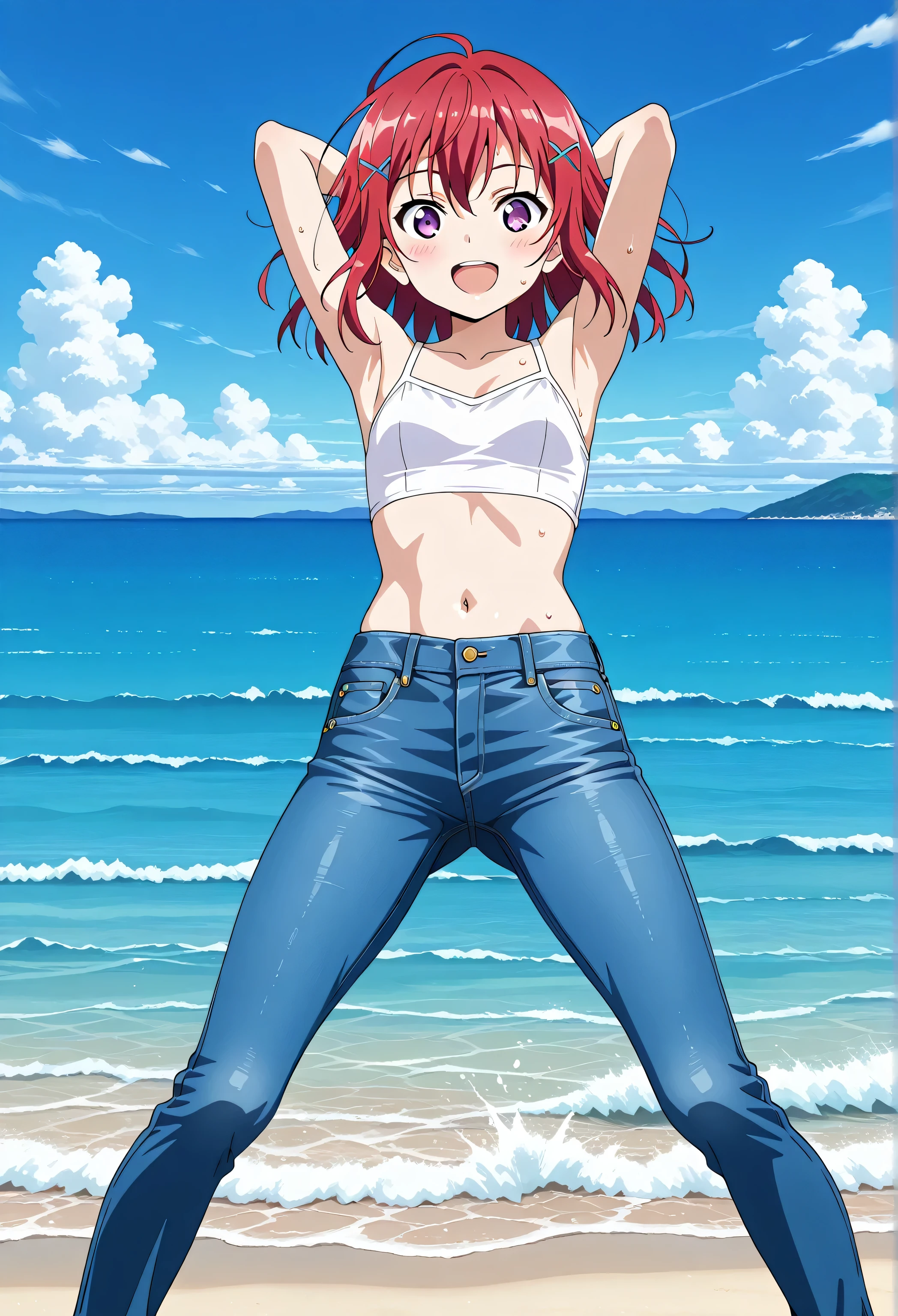 score_9, score_8_up, score_7_up, source_anime, highres, hi res, ((best quality, top quality, perfect quality, Highest Quality, amazing quality)), {{masterpiece}}, {{an extremely delicate and beautiful}}, 2d, intricate details, official style, anime, 8k, anime style, official_anime, official art, digital painting, cell shading, soft shading, high resolution, soothing tones, Subdued Color, Soft cinematic light, adobe lightroom, photolab, HDR, intricately and hyper-detailed, ((high quality animation)), 1 girl, Alone, solo, ((ocean)), tsunami, on the water, day, outdoors, sky, windy, kanzakitomoyo, medium hair, red hair, purple eyes, small , white camisole top, crop top, white crop top, best quality, hyper-detailed jeans, ((blue jeans:1.9)), (dark blue jeans:0.6), full medium body, medium shot, Open mouth, smiling, happy face, blush, sweat, standing, arms behind head, bowlegged, jumping pose, action, looking at viewer, , Bend knees slightly, straight-on front view