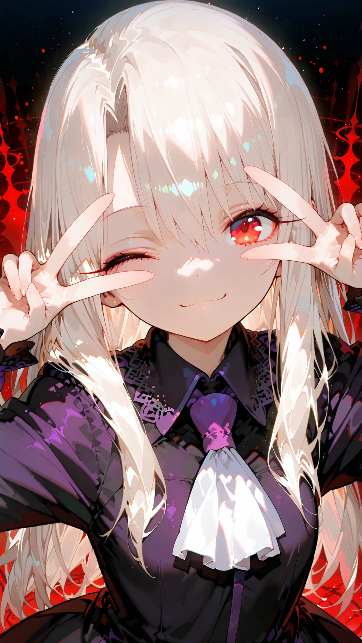 illyasviel von einzbern, long hair, red eyes, white hair,,Outstanding work, slightly realistic, of extraordinary quality, very beautiful, ultra-high resolution, high resolution, anime style------Score _9, score _8_ up, score _7_ up, (Masterpiece, best quality, very beautiful, super detailed), intricate details, 1 girl, Eliasfeld von Einzberen, \(series \), white hair, red eyes, one eye closed, mouth open, dress, double V, smile