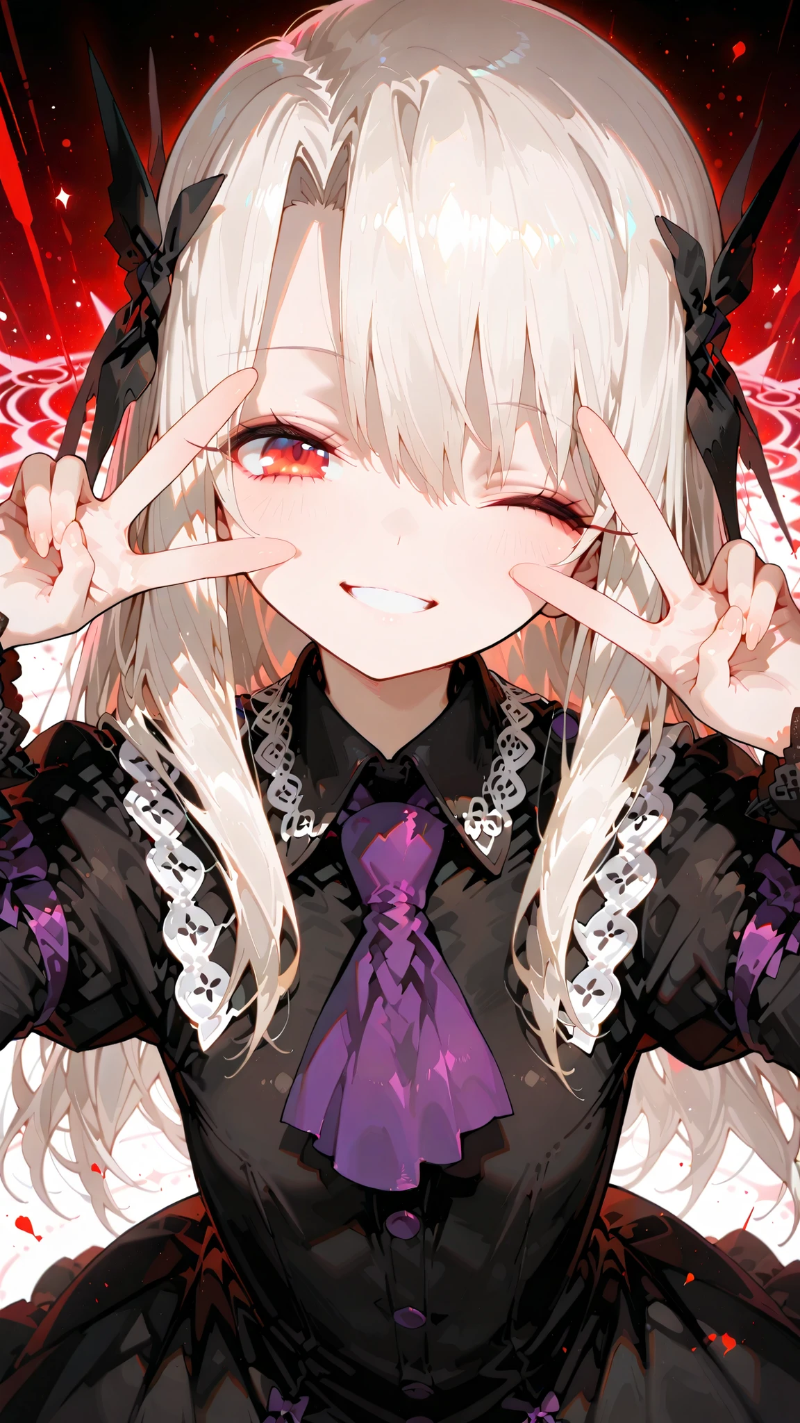 illyasviel von einzbern, long hair, red eyes, white hair,,Outstanding work, slightly realistic, of extraordinary quality, very beautiful, ultra-high resolution, high resolution, anime style------Score _9, score _8_ up, score _7_ up, (Masterpiece, best quality, very beautiful, super detailed), intricate details, 1 girl, Eliasfeld von Einzberen, \(series \), white hair, red eyes, one eye closed, mouth open, dress, double V, smile